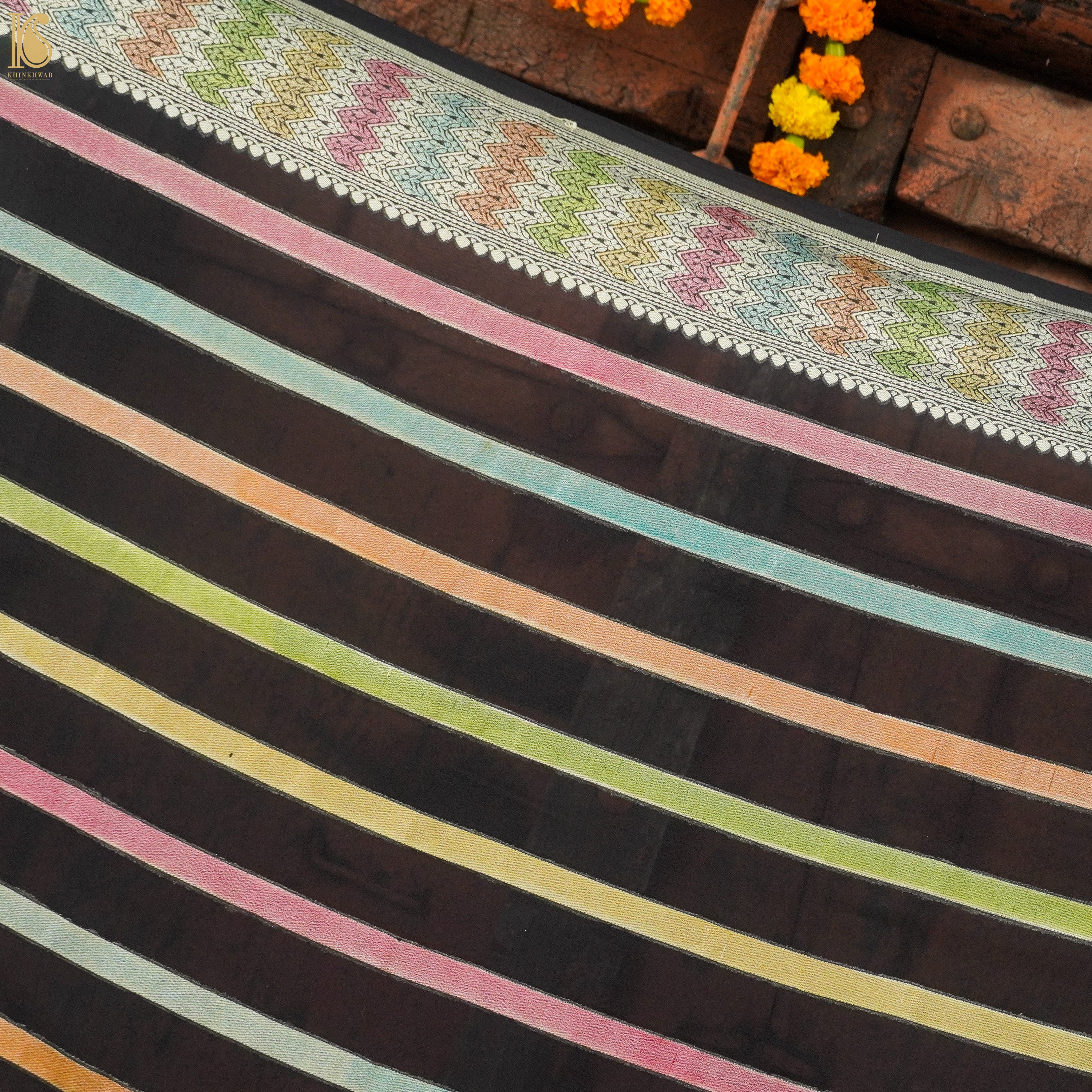 Black Pure Georgette Handloom Banarasi Stripes Dupatta - Khinkhwab