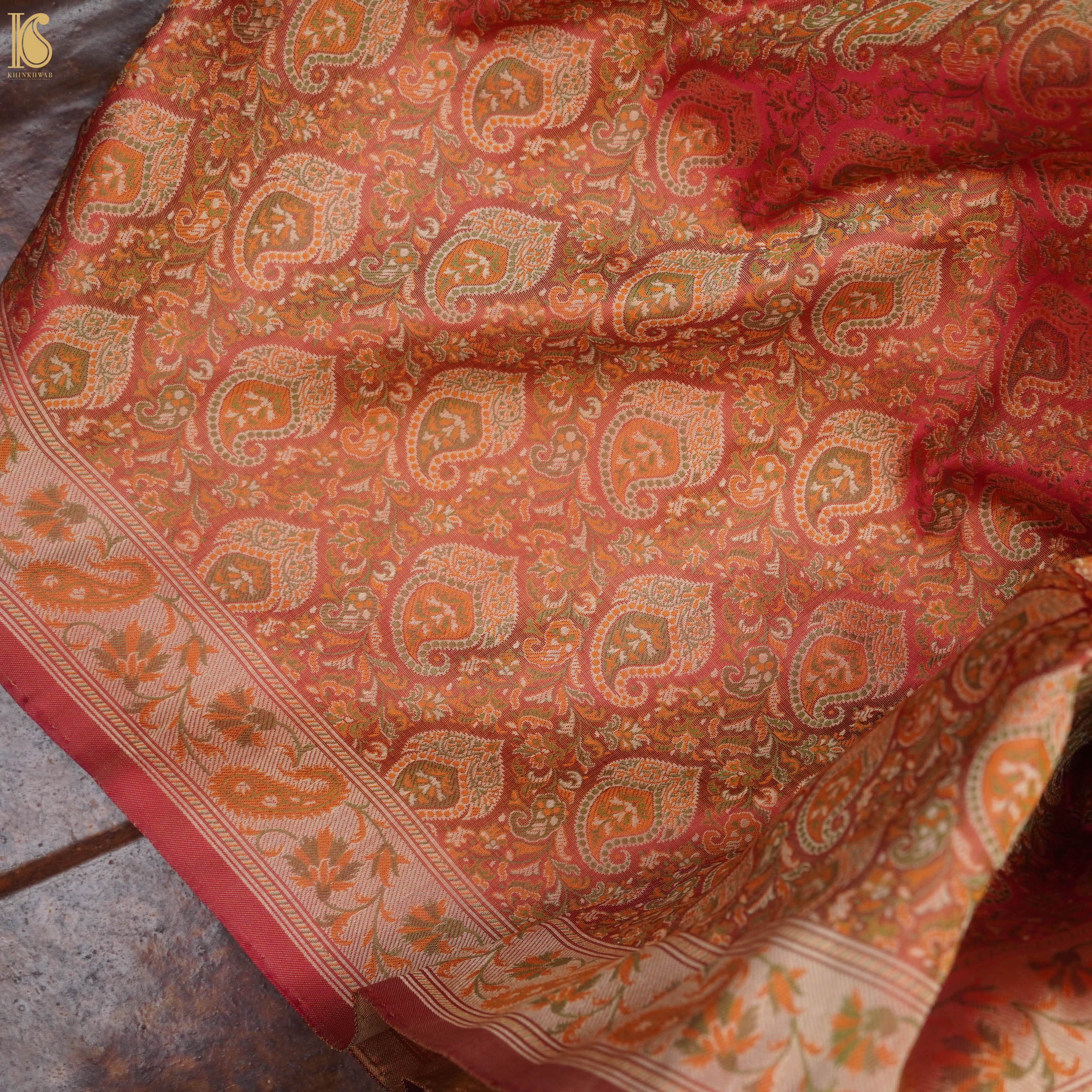 Orange Pure Banarasi Silk Handwoven Tanchui Kurta Fabric - Khinkhwab