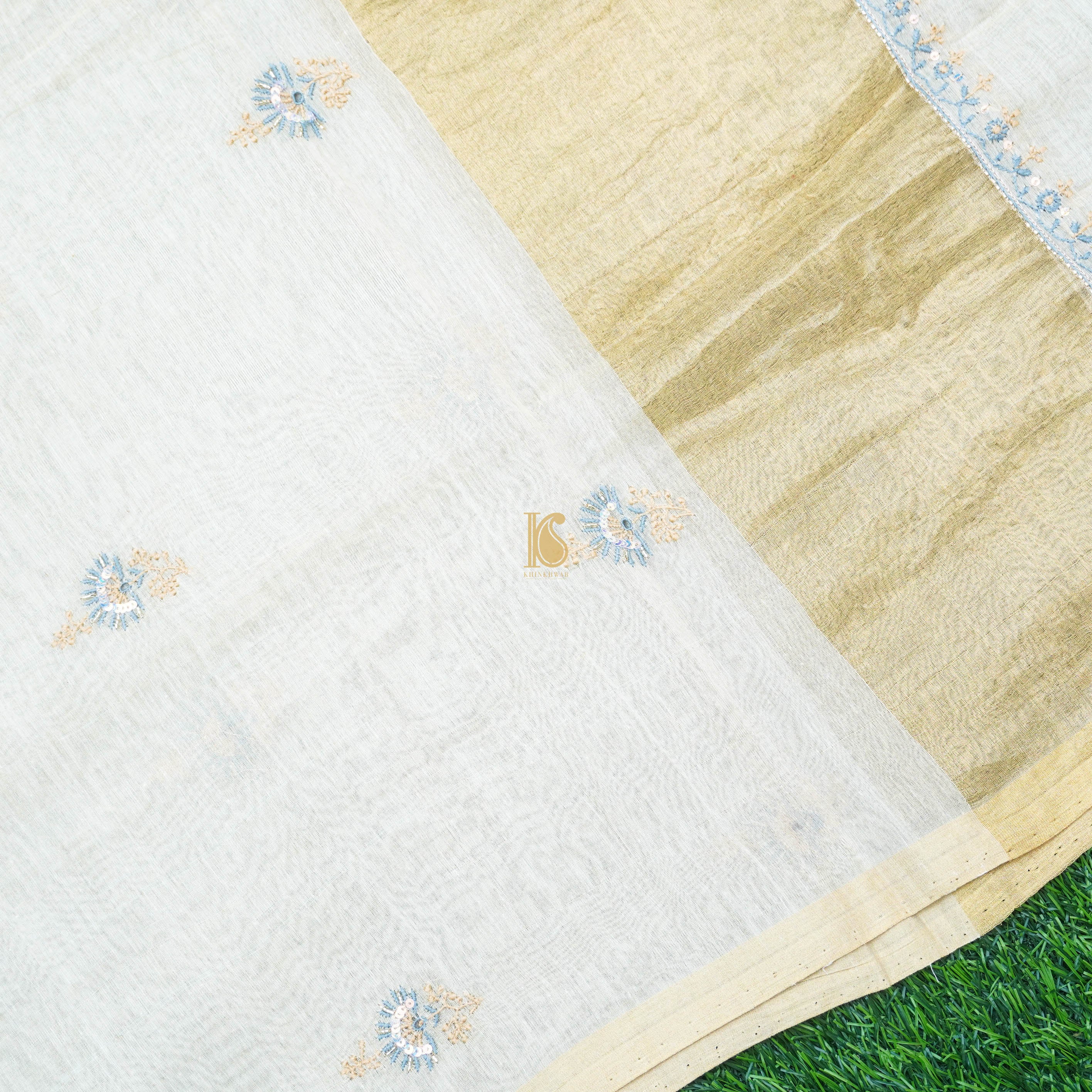 Beige Chikankari Pure Handloom Tissue Chanderi Silk Fabric Set - Khinkhwab