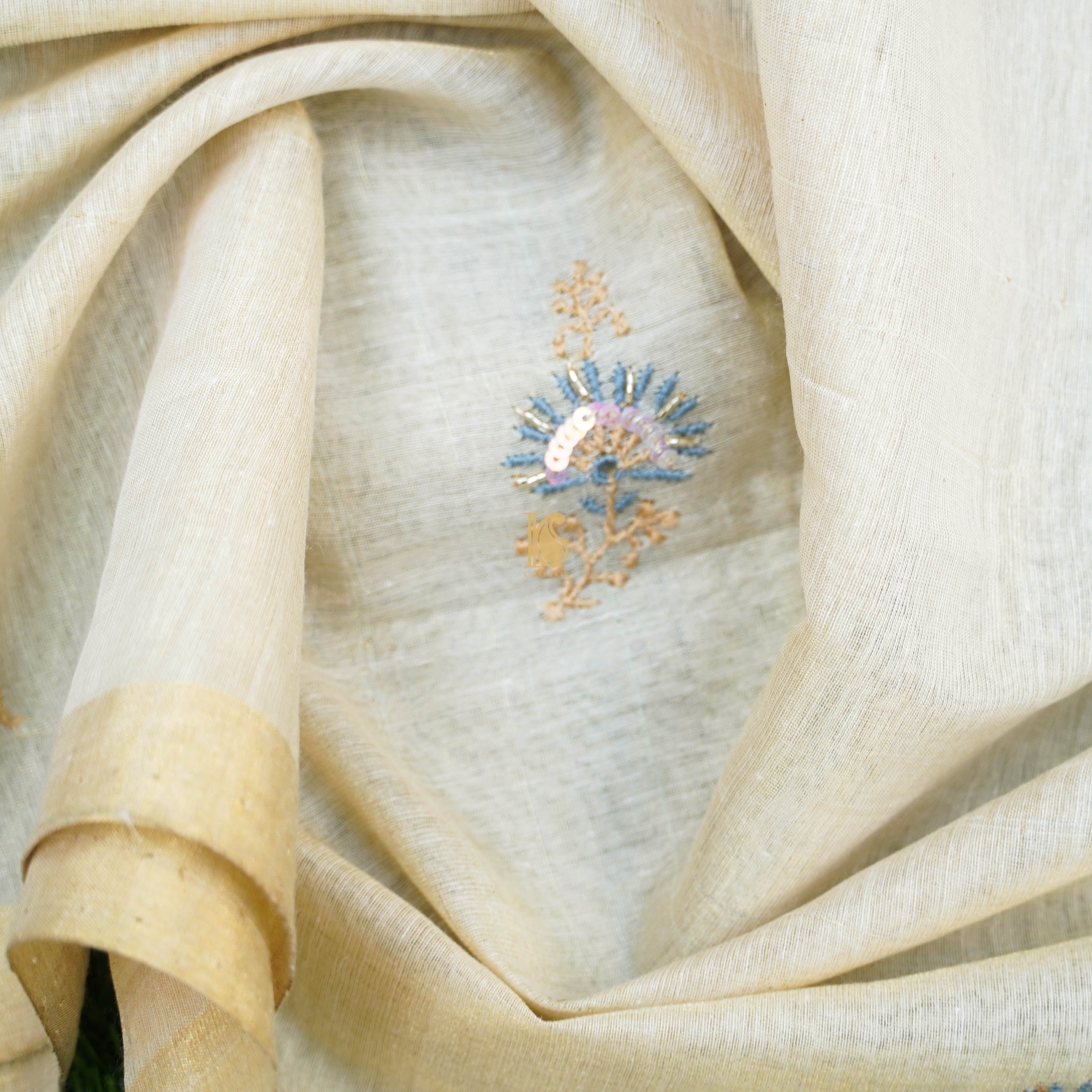 Beige Chikankari Pure Handloom Tissue Chanderi Silk Fabric Set - Khinkhwab