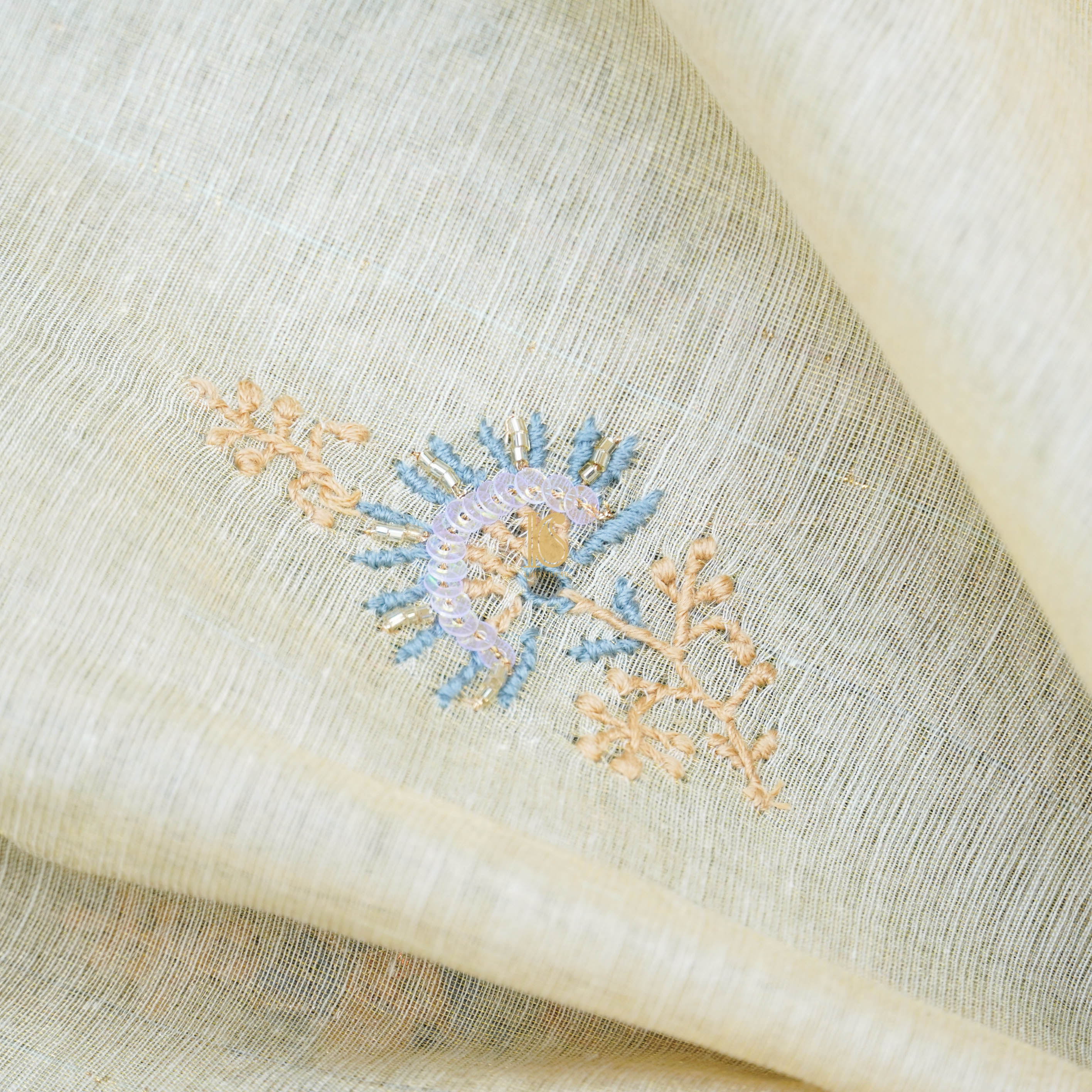 Beige Chikankari Pure Handloom Tissue Chanderi Silk Fabric Set - Khinkhwab