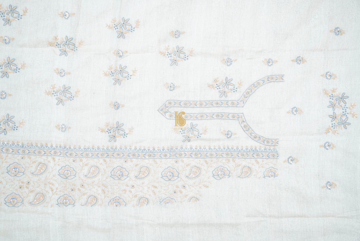 Beige Chikankari Pure Handloom Tissue Chanderi Silk Fabric Set - Khinkhwab