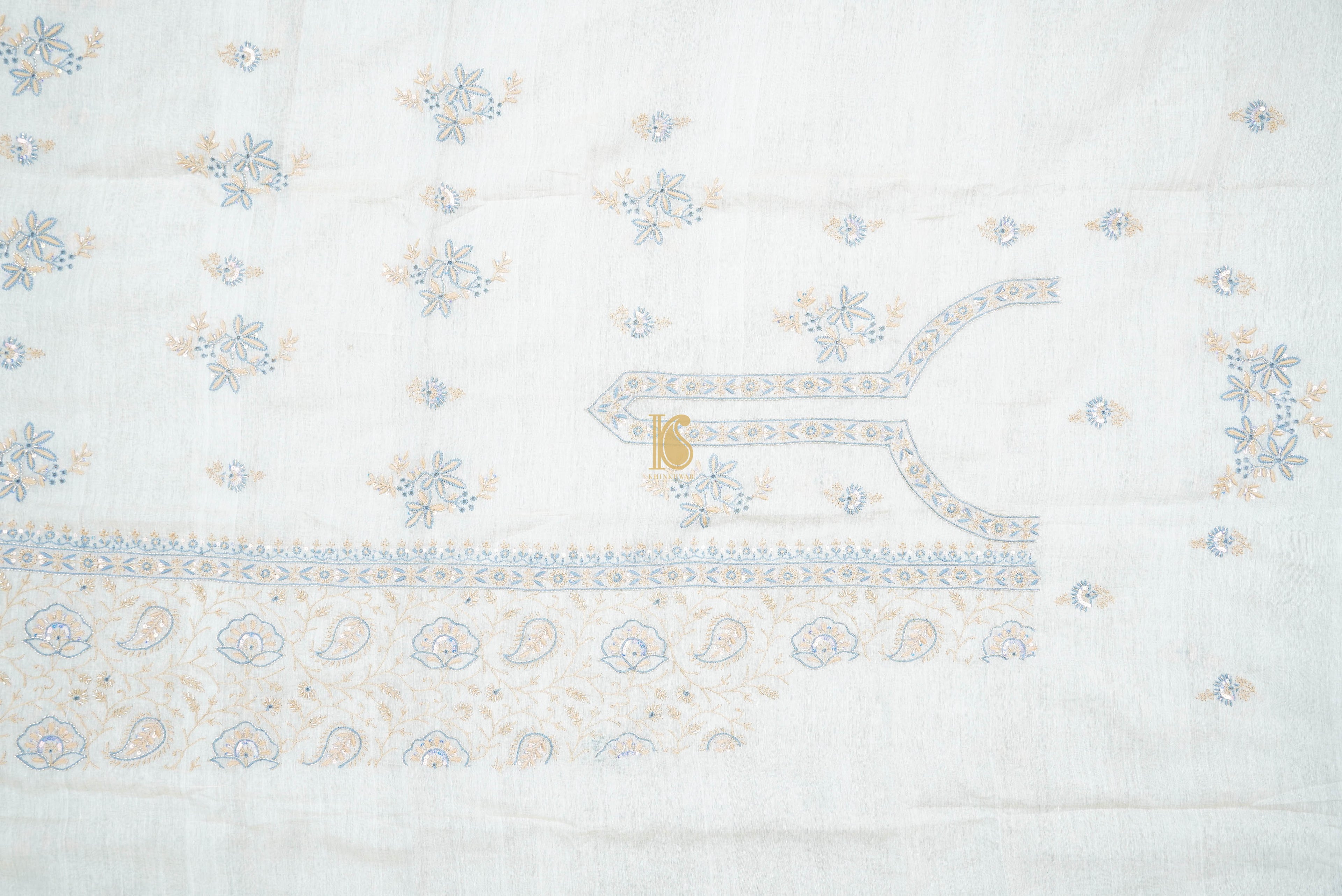 Beige Chikankari Pure Handloom Tissue Chanderi Silk Fabric Set - Khinkhwab