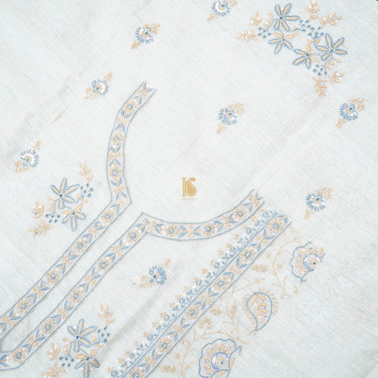 Beige Chikankari Pure Handloom Tissue Chanderi Silk Fabric Set - Khinkhwab