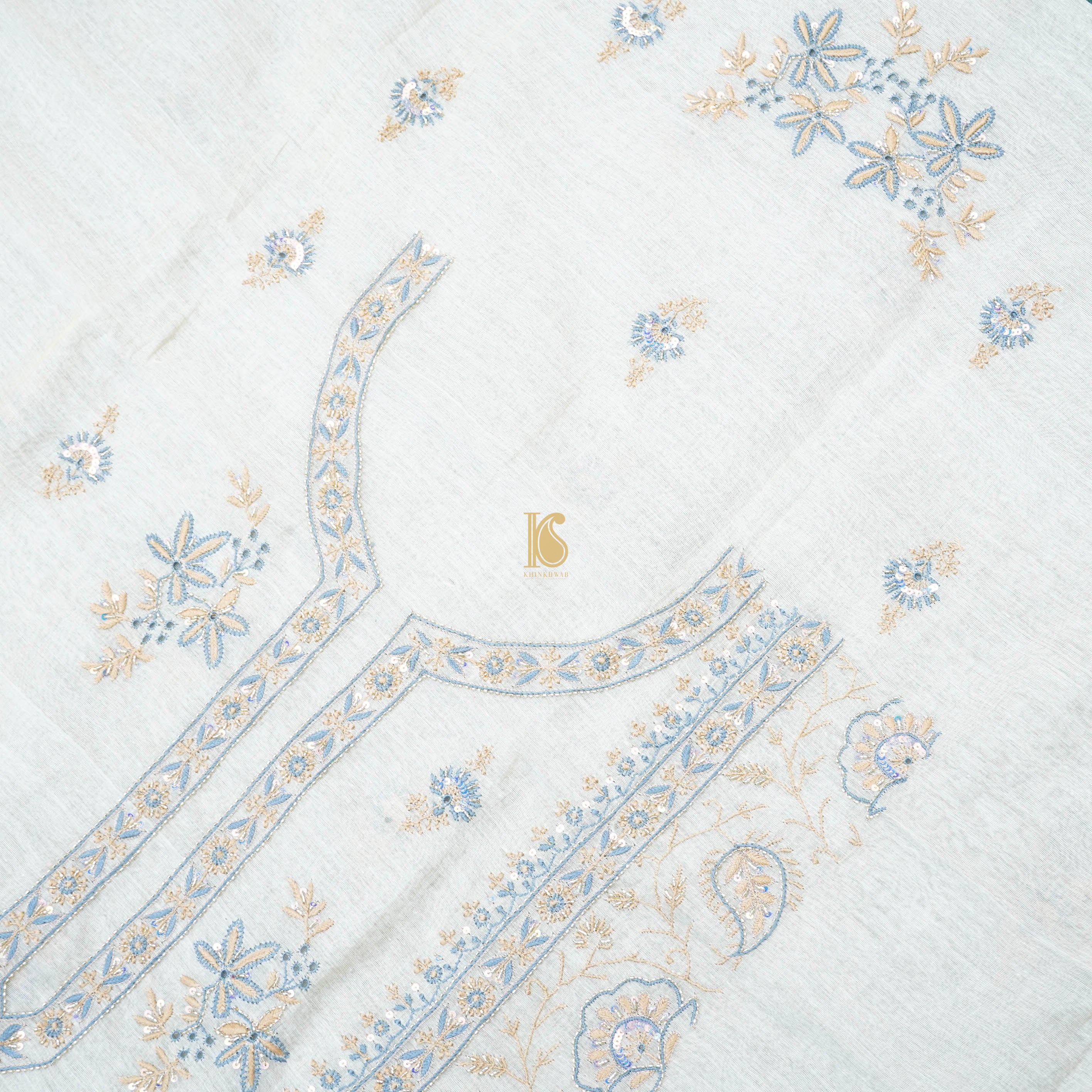 Beige Chikankari Pure Handloom Tissue Chanderi Silk Fabric Set - Khinkhwab