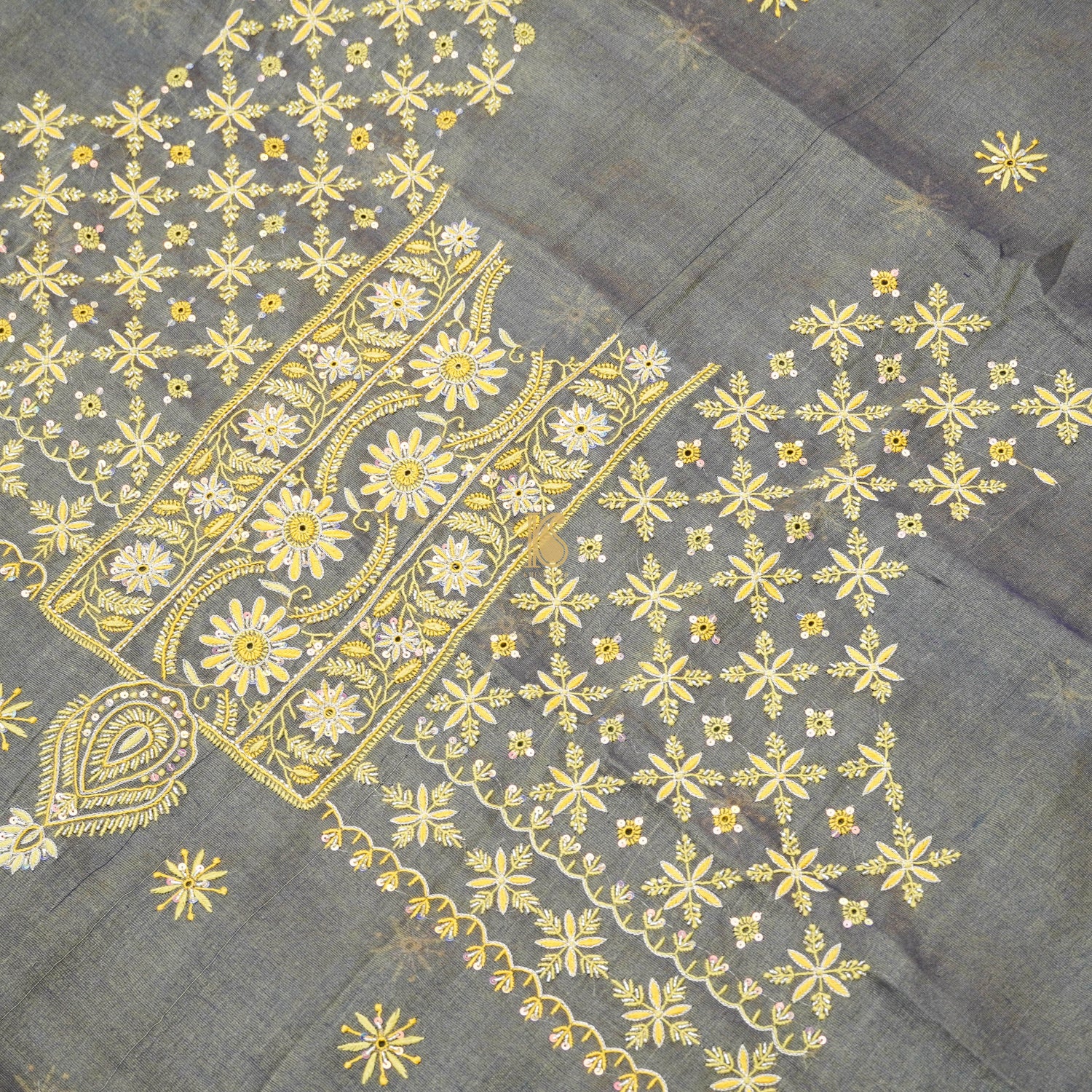 Grey Chikankari Pure Handloom Tissue Chanderi Silk Fabric Set - Khinkhwab
