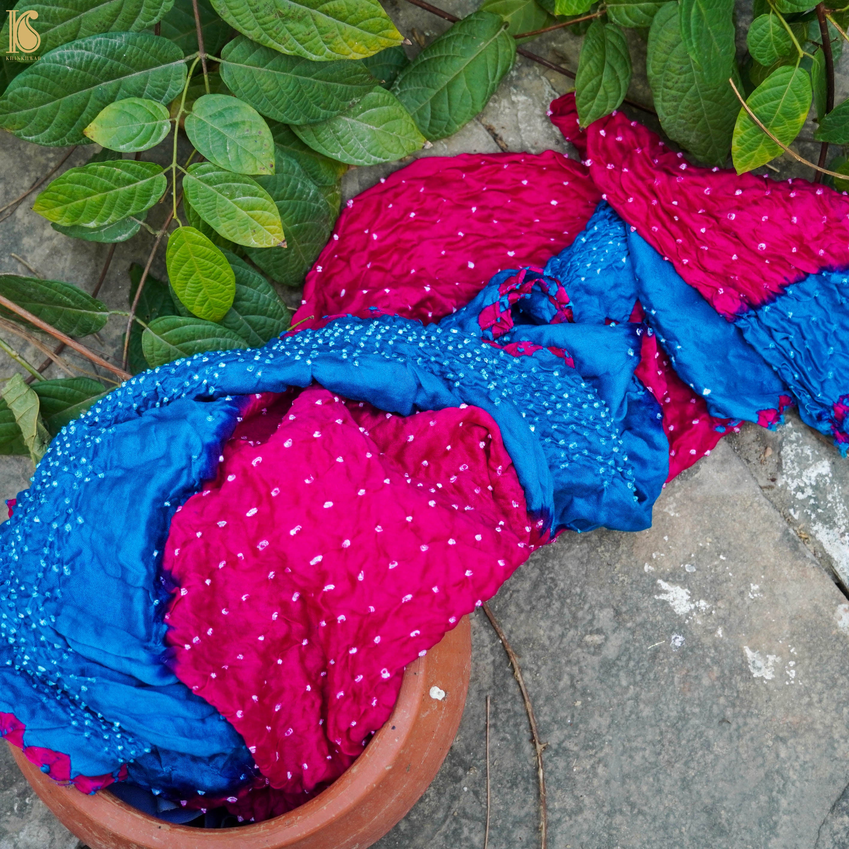 Blue & Pink Pure Gajji Silk Handwoven Bandhani Blouse Fabric - Khinkhwab