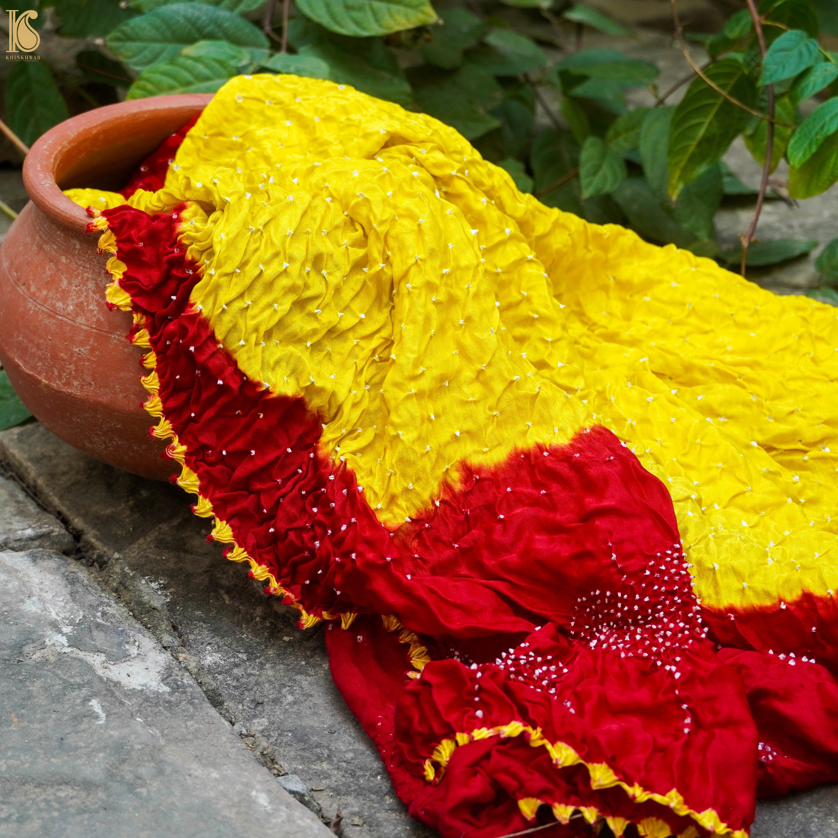 Yellow & Red Pure Gajji Silk Handwoven Bandhani Blouse Fabric - Khinkhwab