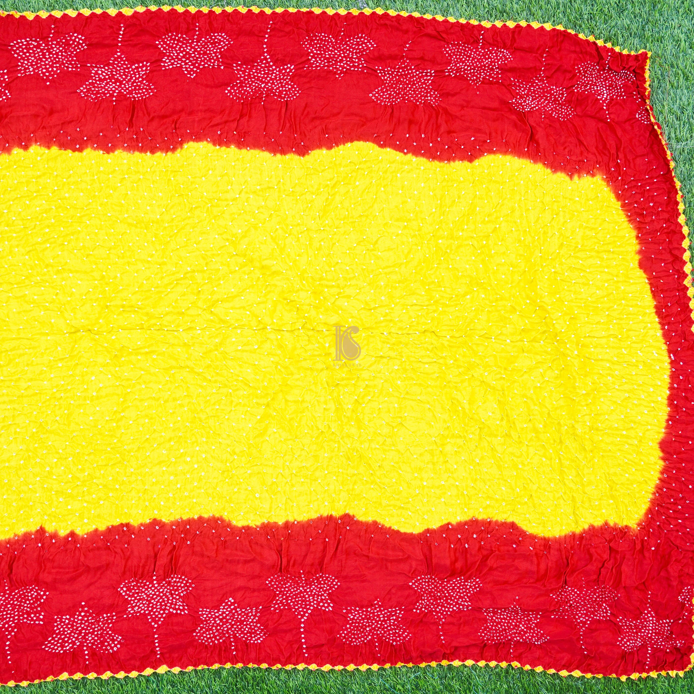 Yellow & Red Pure Gajji Silk Handwoven Bandhani Blouse Fabric - Khinkhwab