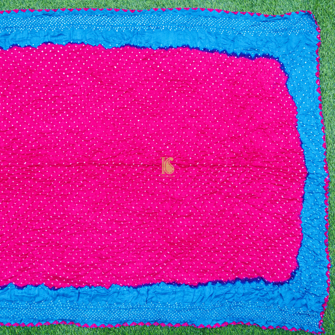 Blue & Pink Pure Gajji Silk Handwoven Bandhani Blouse Fabric - Khinkhwab