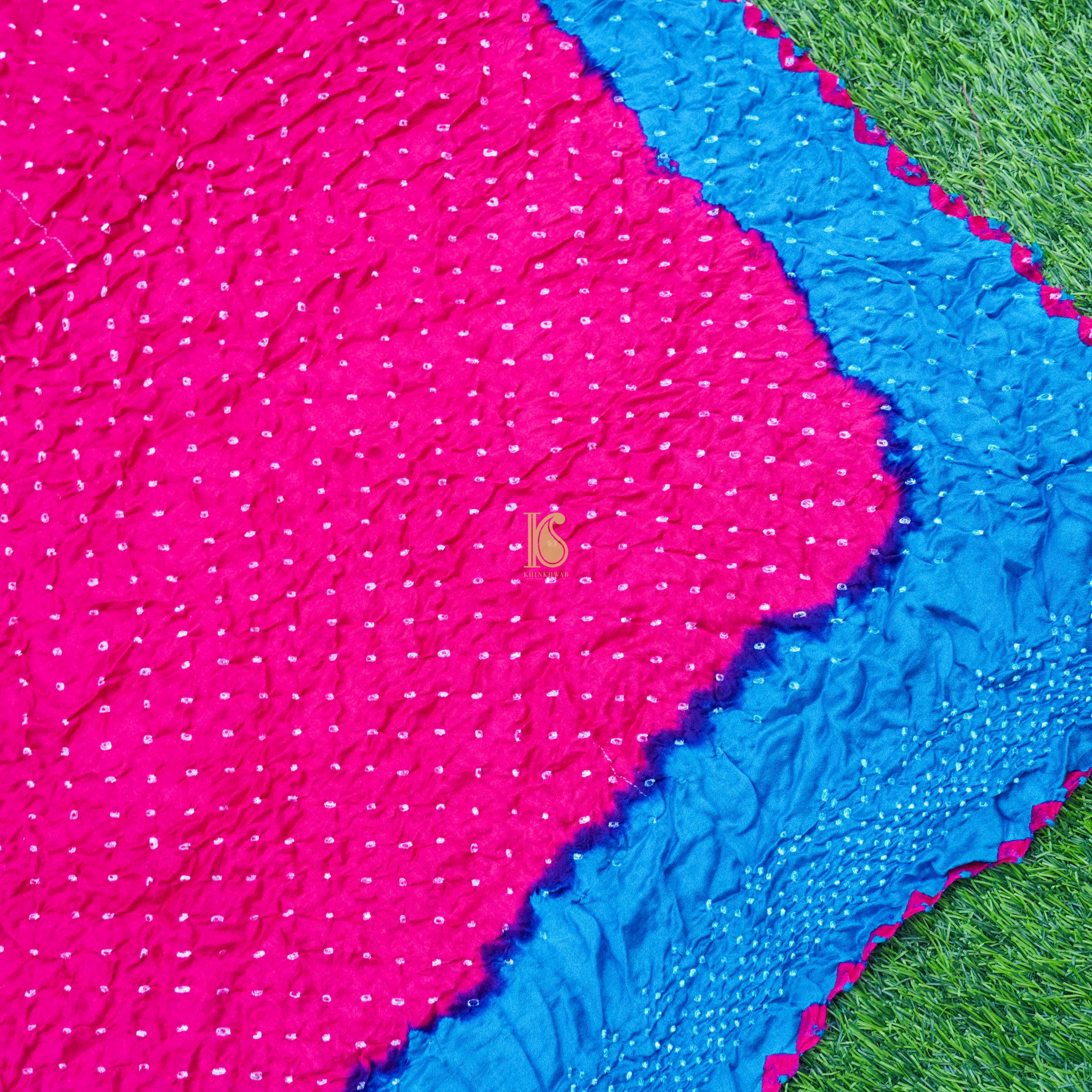 Blue & Pink Pure Gajji Silk Handwoven Bandhani Blouse Fabric - Khinkhwab