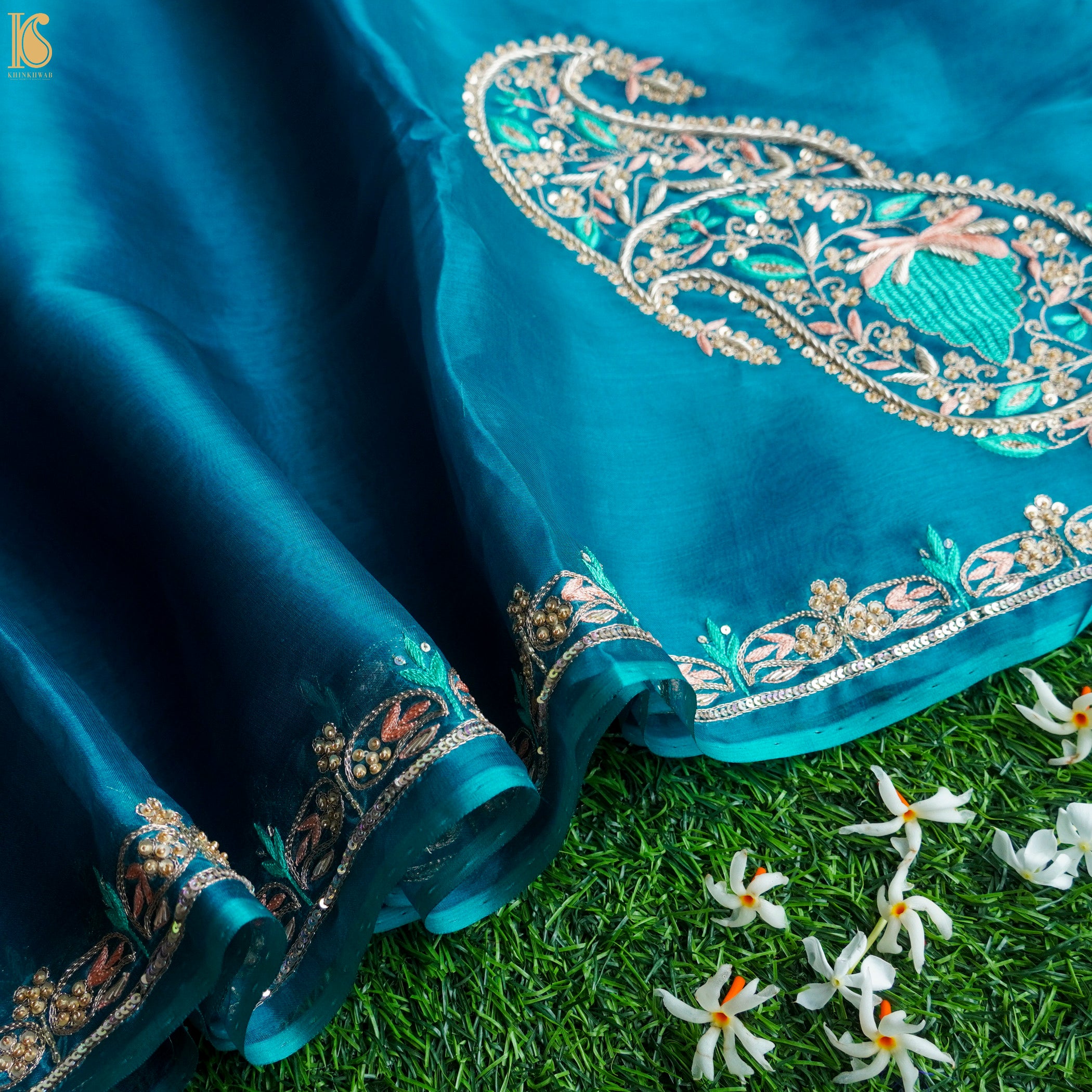Handwoven Cerulean Blue Pure Georgette Organza Embroidery Saree - Khinkhwab