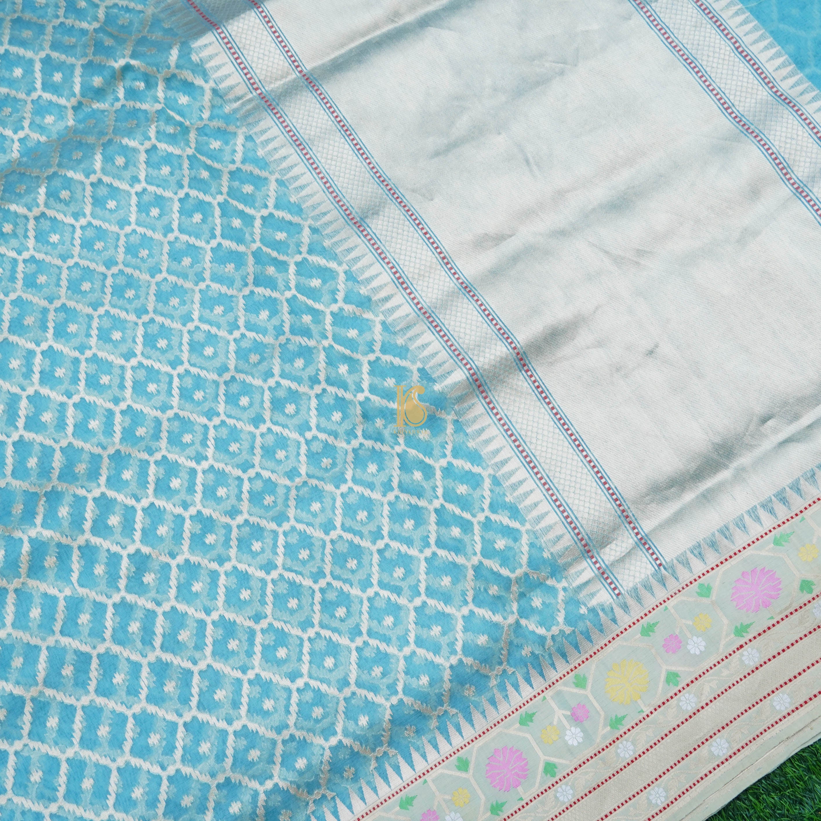Baby Blue Pure Kora Handloom Banarasi Saree - Khinkhwab