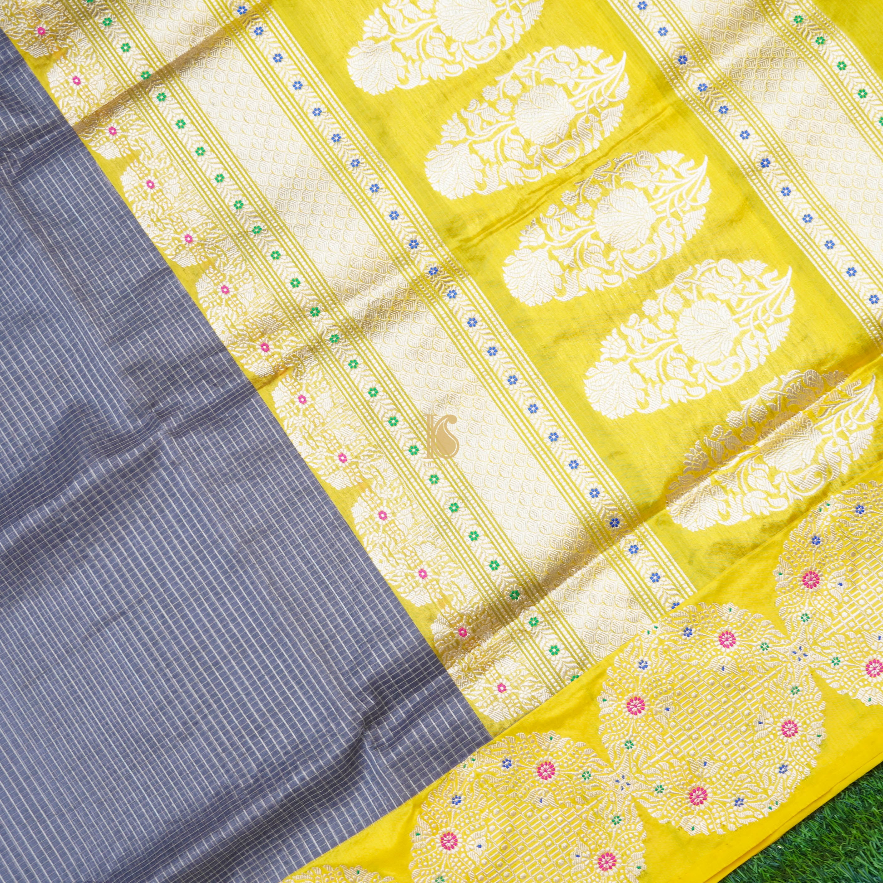 Grey & Yellow Pure Kora Handloom Banarasi Check Saree - Khinkhwab