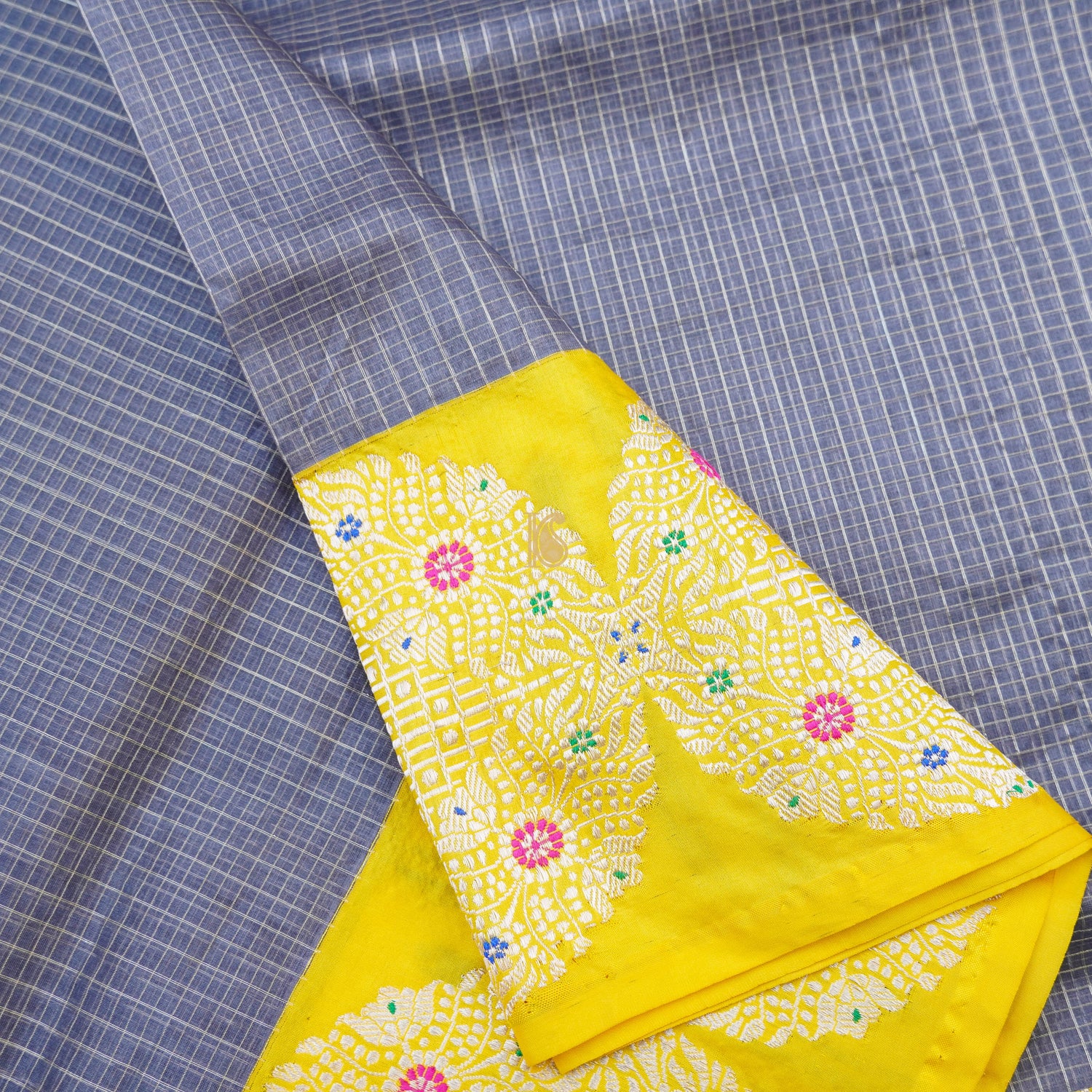 Grey & Yellow Pure Kora Handloom Banarasi Check Saree - Khinkhwab