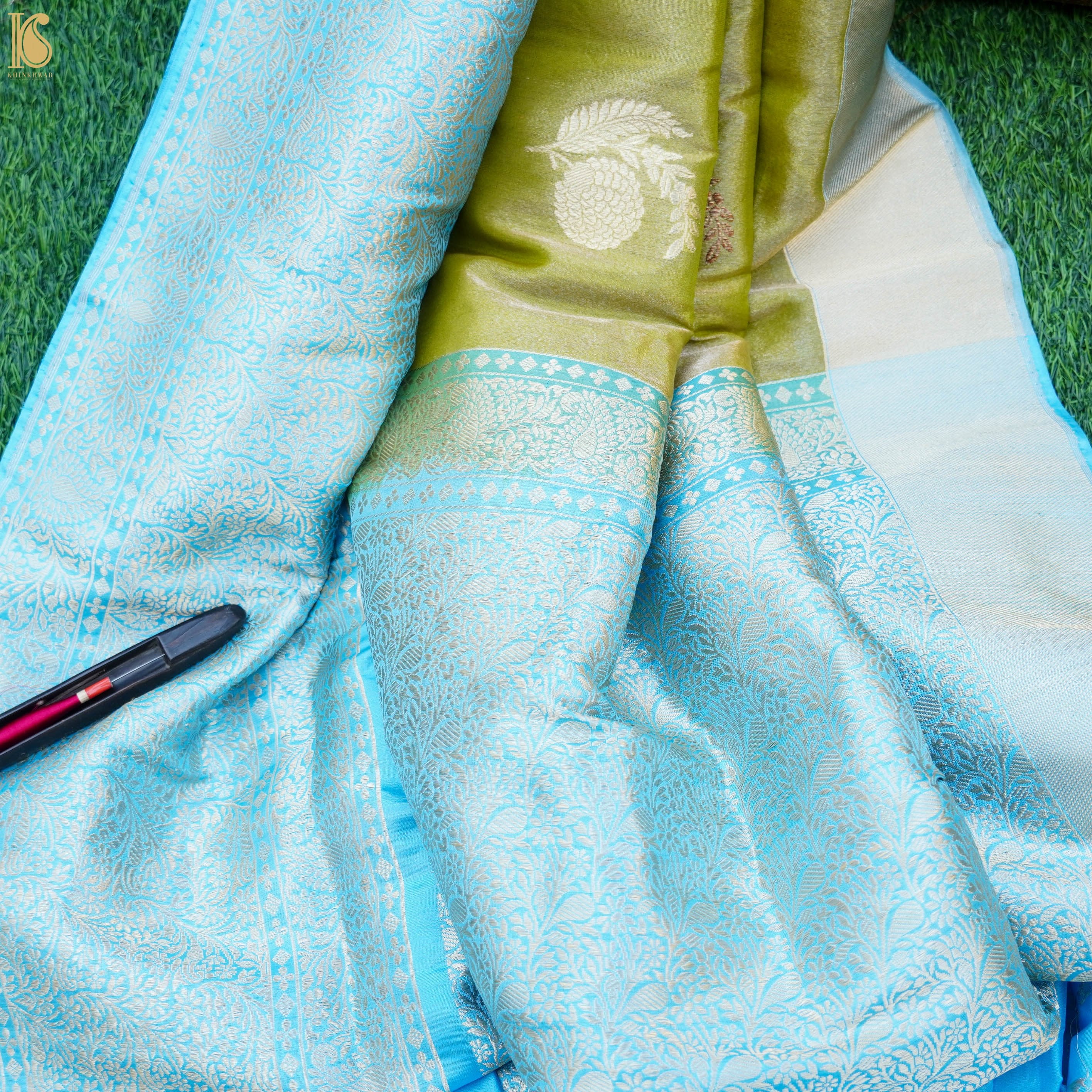 Green & Blue Pure Tissue Silk Handwoven Banarasi Saree - Khinkhwab
