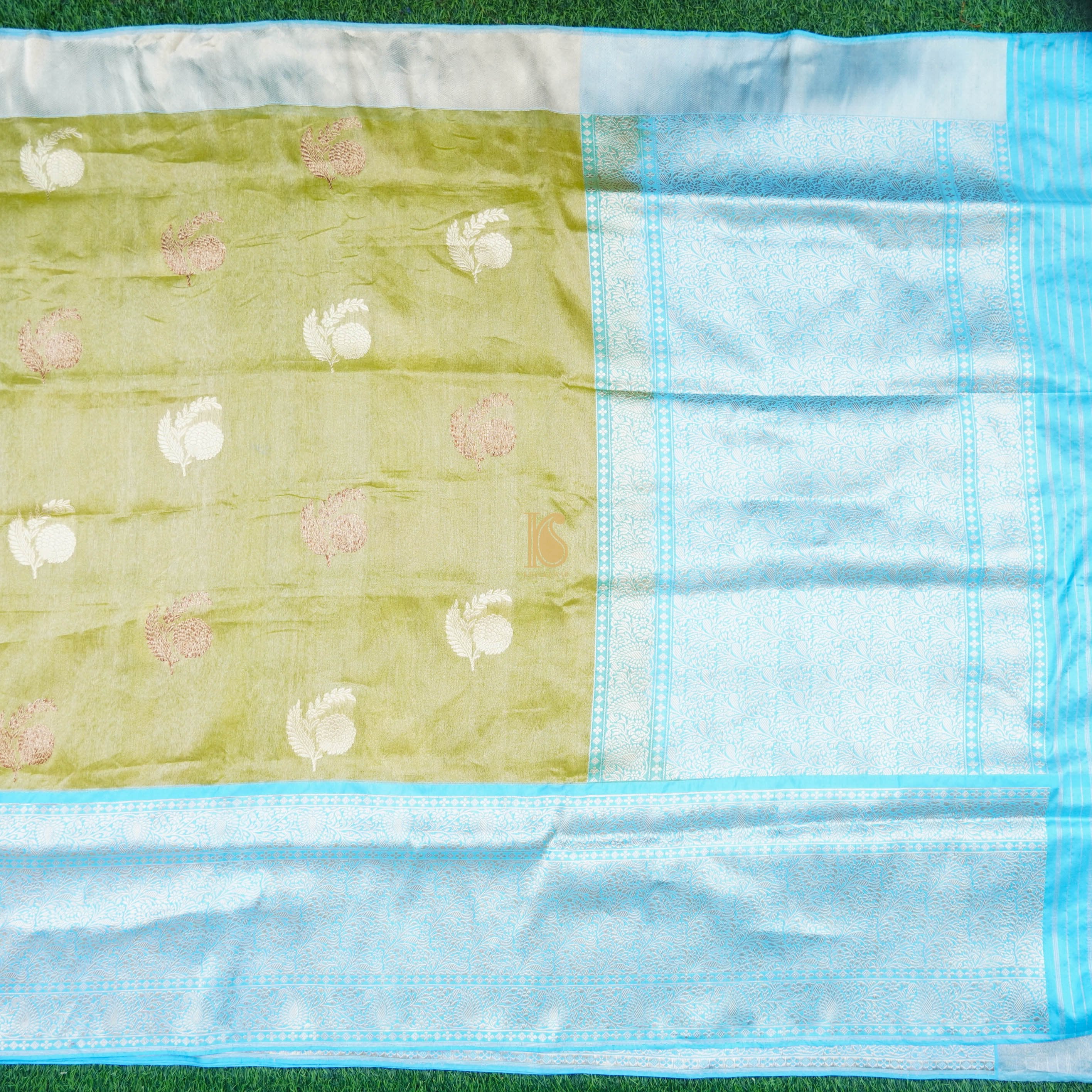 Green & Blue Pure Tissue Silk Handwoven Banarasi Saree - Khinkhwab