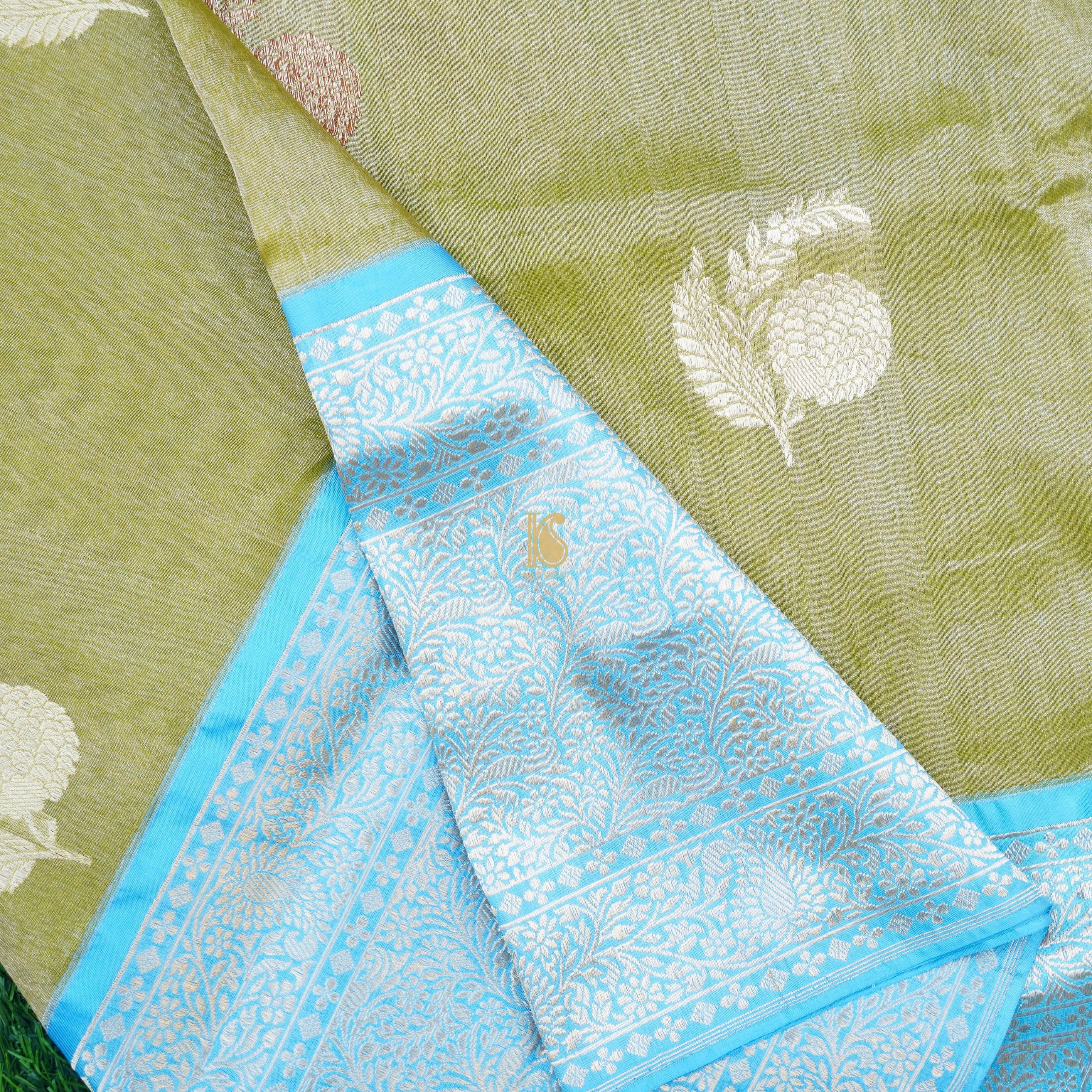 Green & Blue Pure Tissue Silk Handwoven Banarasi Saree - Khinkhwab