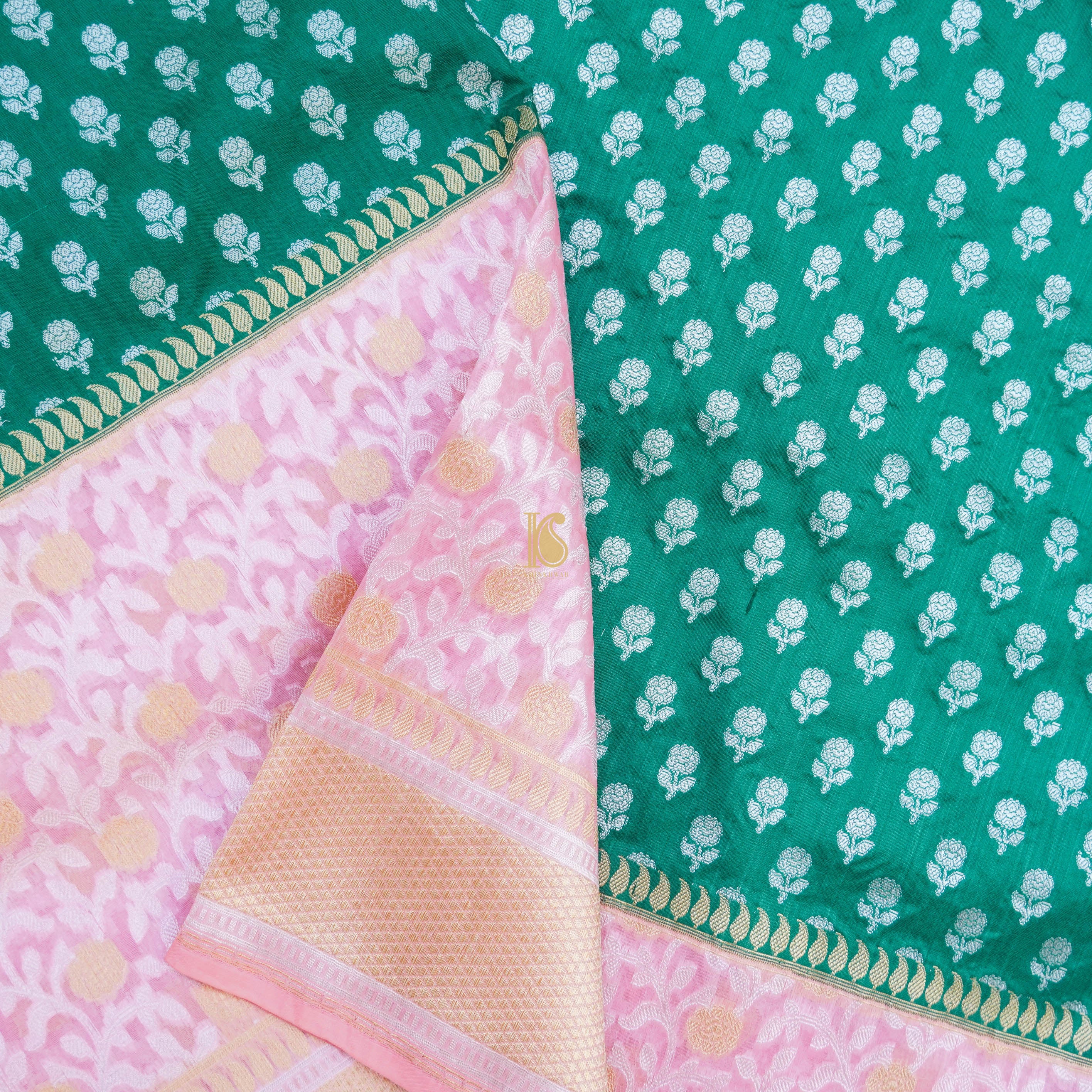 Green Pure Katan Silk Handloom Banarasi Saree with Kora Border - Khinkhwab