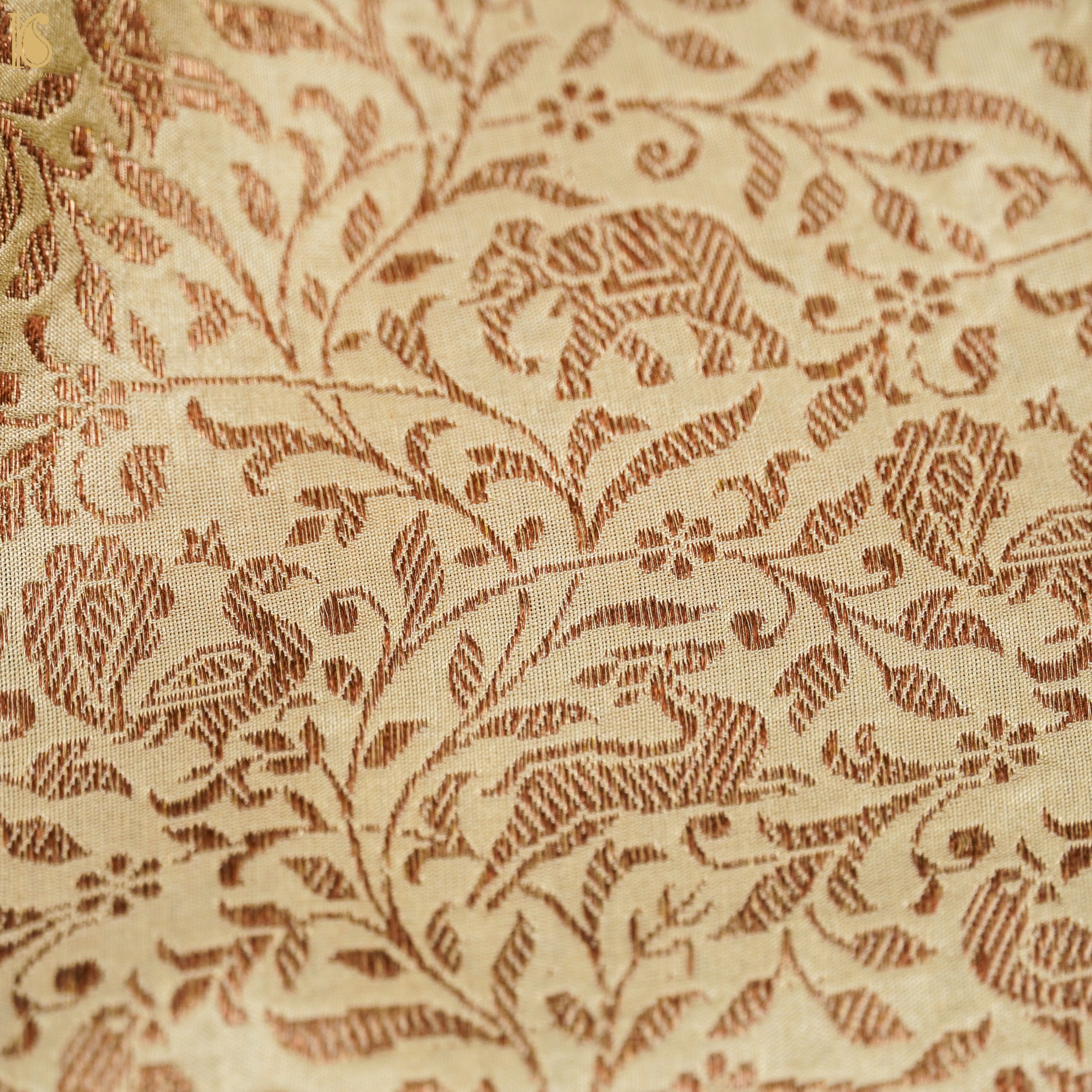 Beige Pure Katan Silk Banarasi Handloom Shikargah Fabric - Khinkhwab