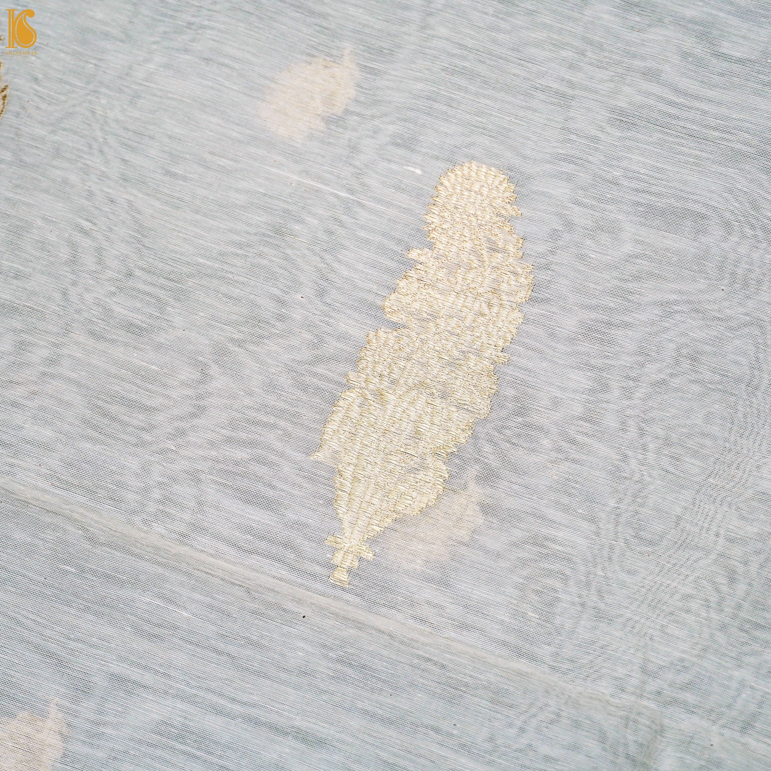 Handloom Pure Cotton White Kadwa Banarasi Suit Fabric Set - Khinkhwab