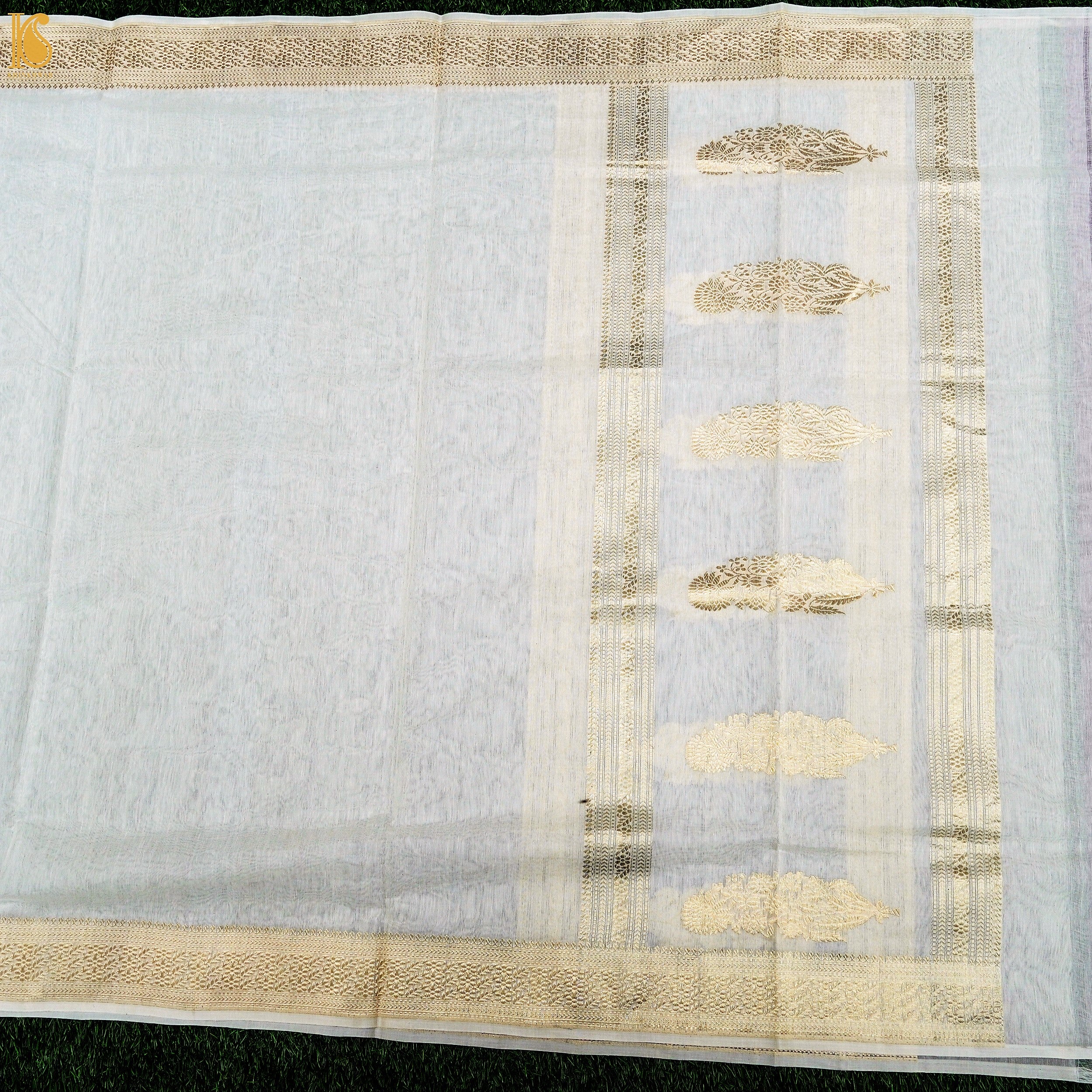 Handloom Pure Cotton White Kadwa Banarasi Suit Fabric Set - Khinkhwab