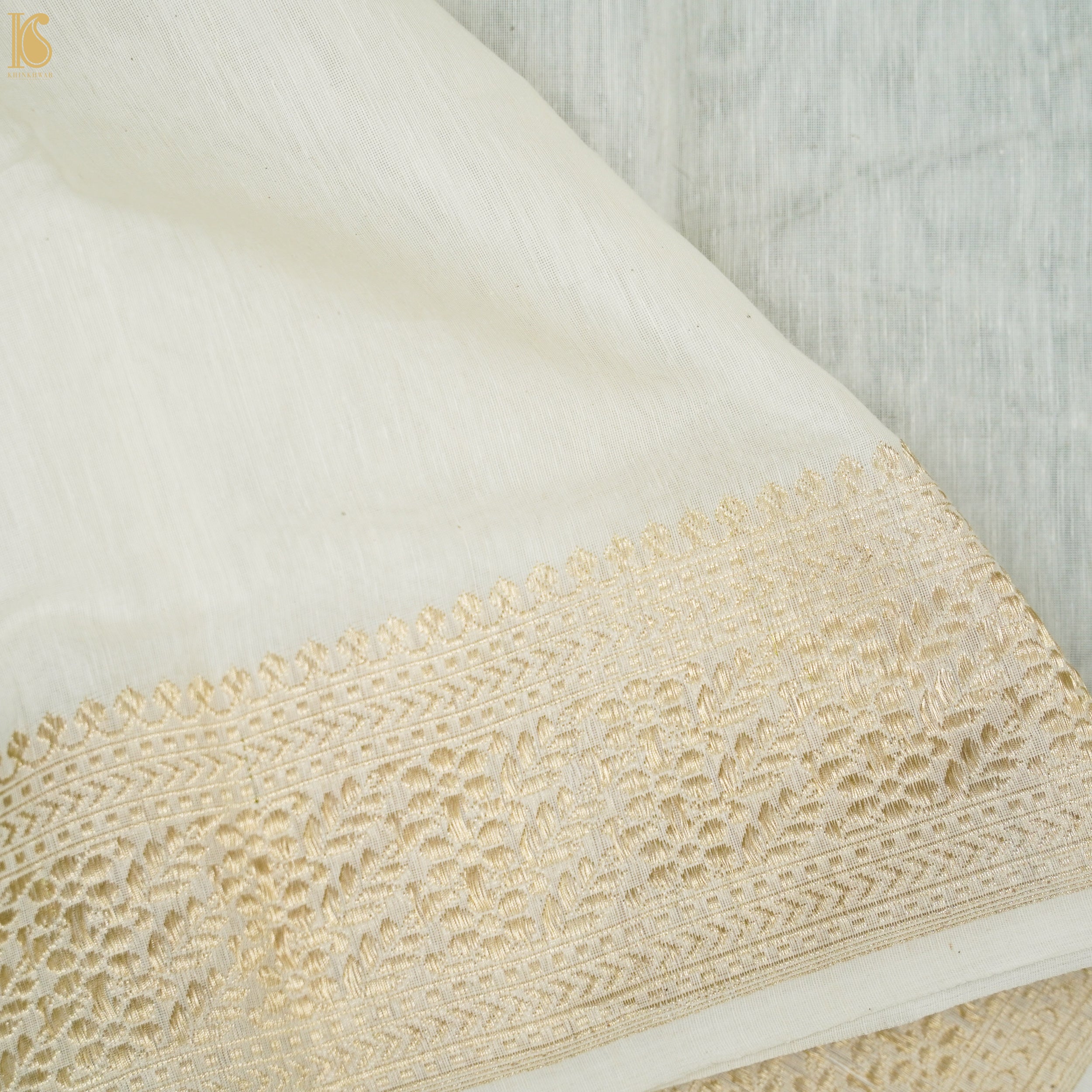 Handloom Pure Cotton White Kadwa Banarasi Suit Fabric Set - Khinkhwab
