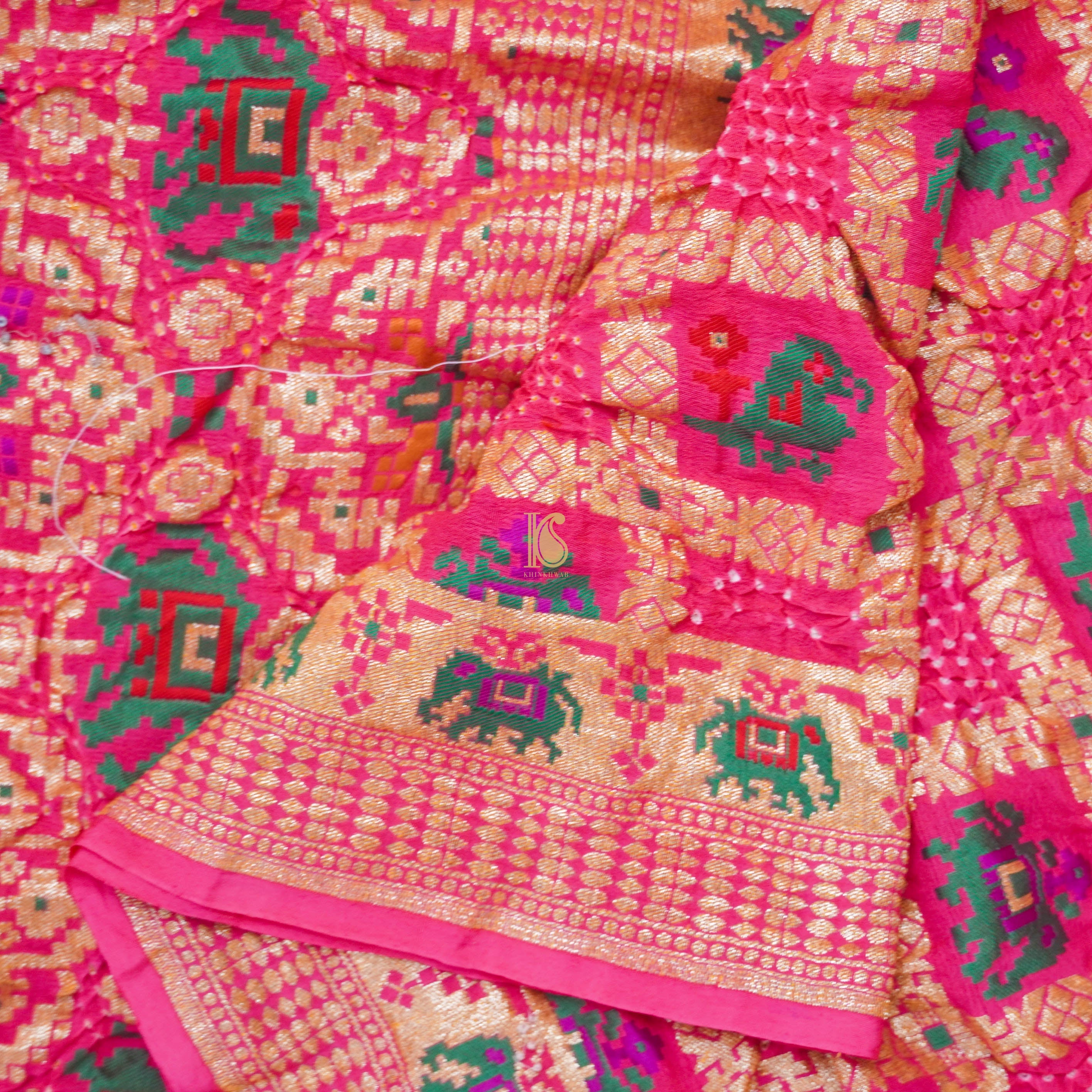 Pink Georgette Banarasi Bandhani Elephant & Parrot Dupatta - Khinkhwab