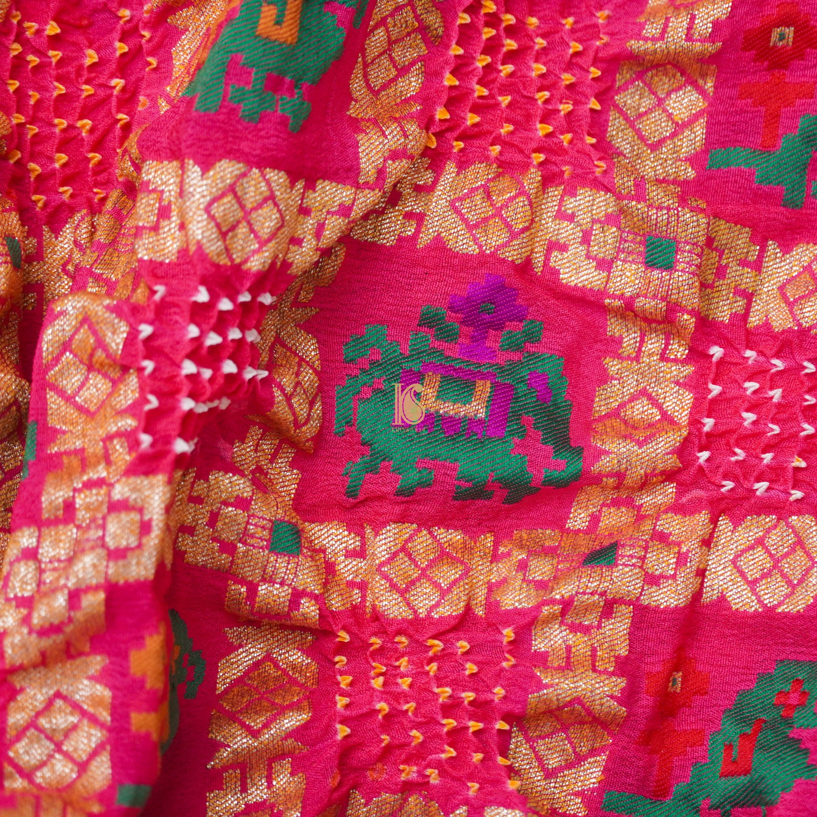 Pink Georgette Banarasi Bandhani Elephant & Parrot Dupatta - Khinkhwab
