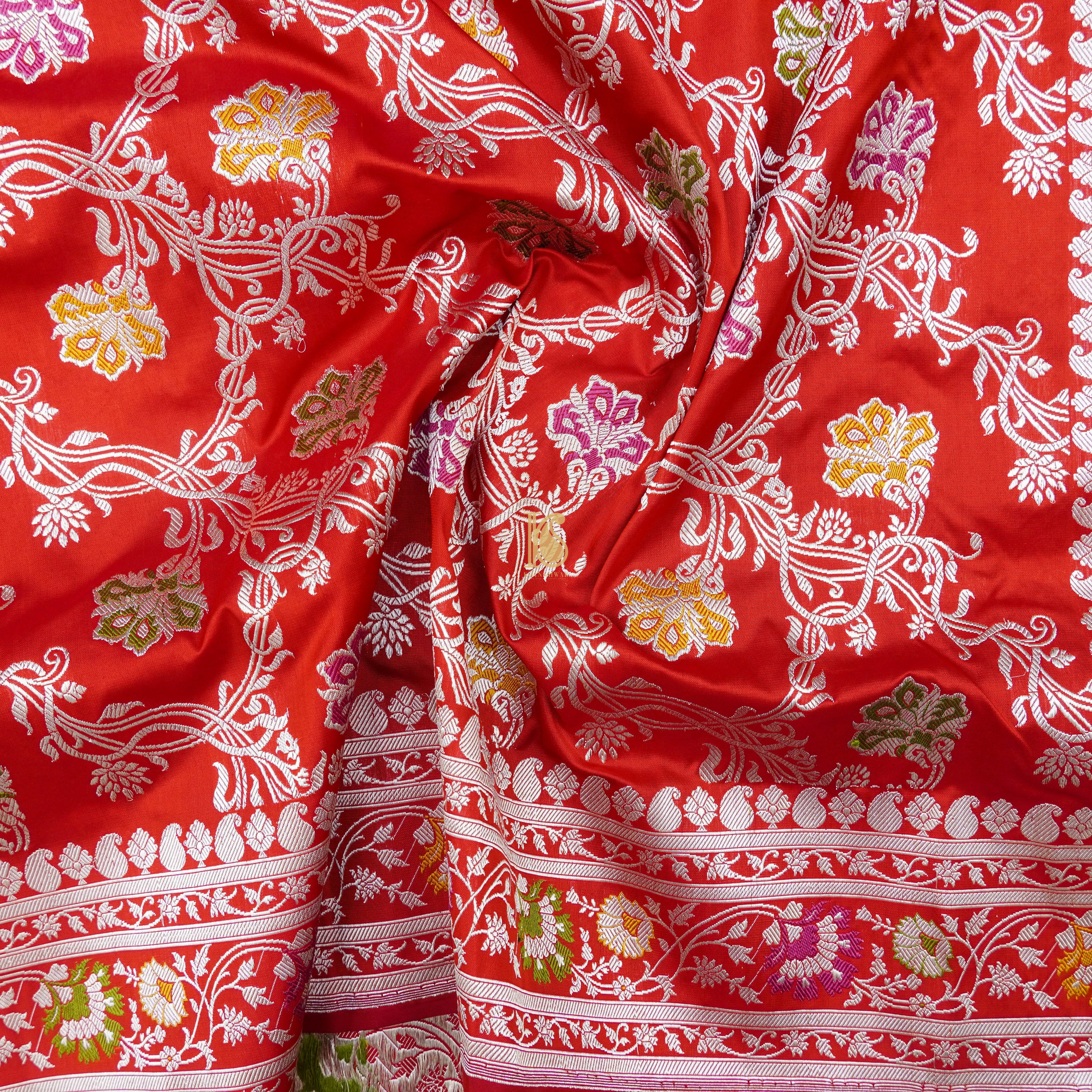 Red Handloom Katan Silk Banarasi Kadwa Jaal Saree - Khinkhwab