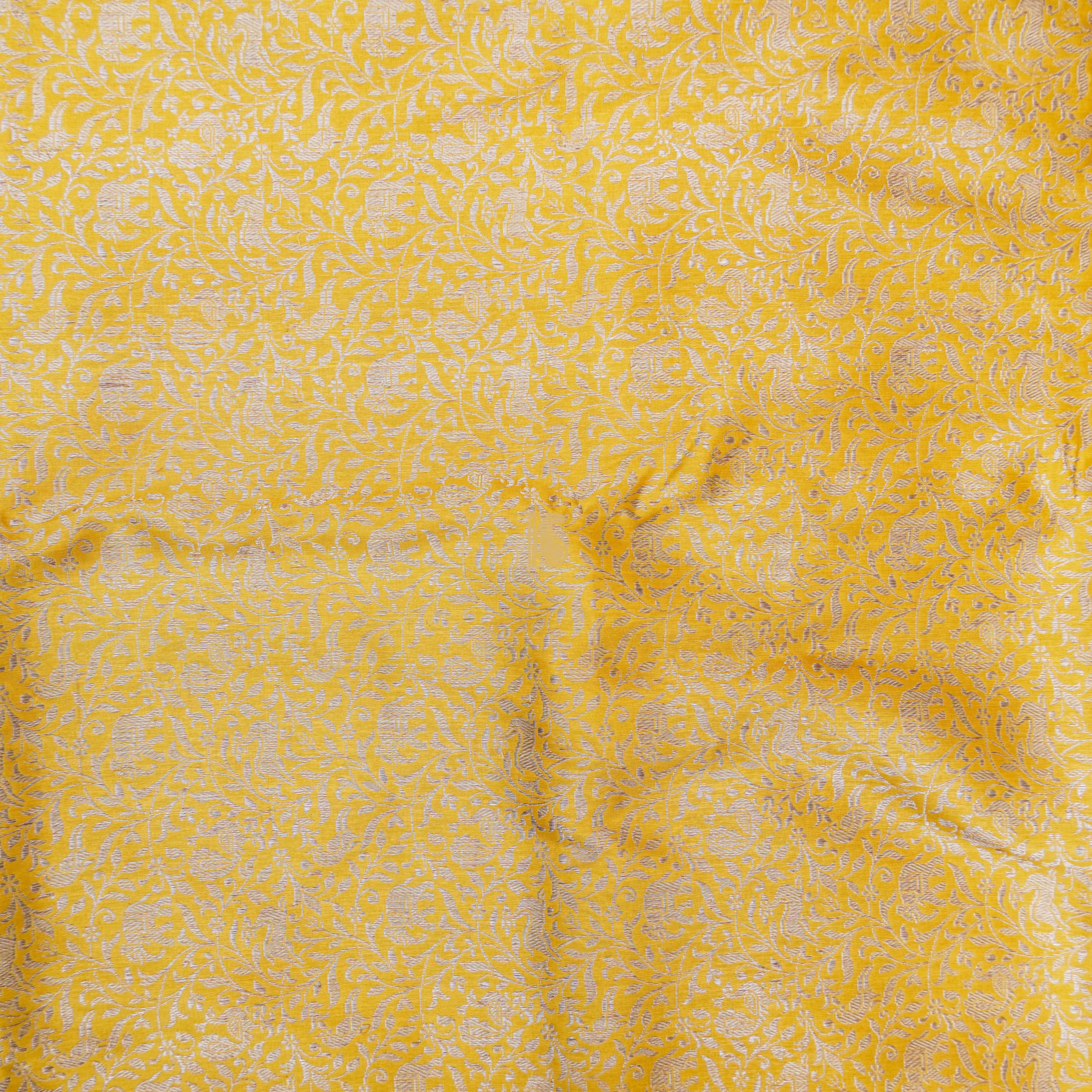 Yellow Pure Katan Silk Banarasi Shikargah Fabric - Khinkhwab