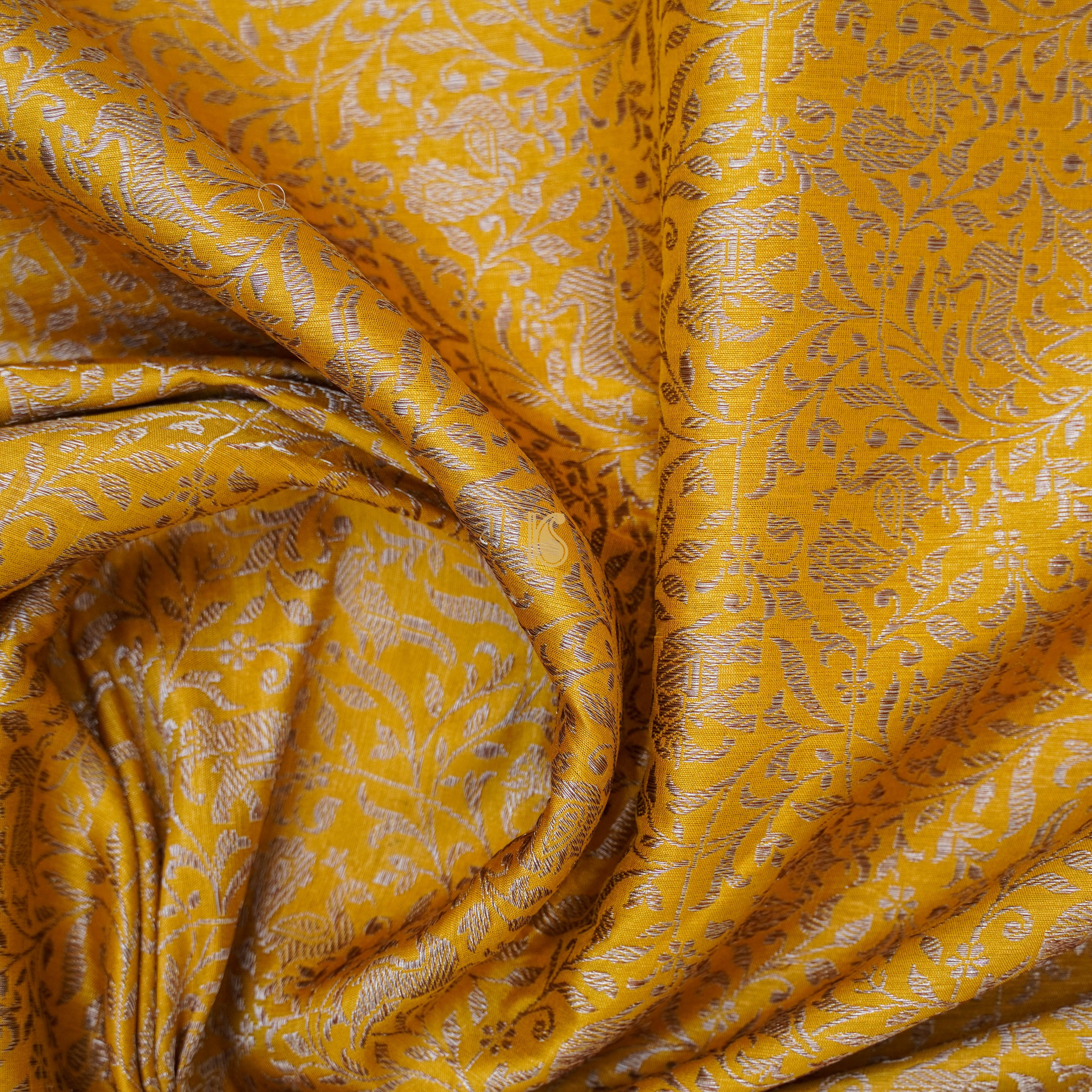 Yellow Pure Katan Silk Banarasi Shikargah Fabric - Khinkhwab