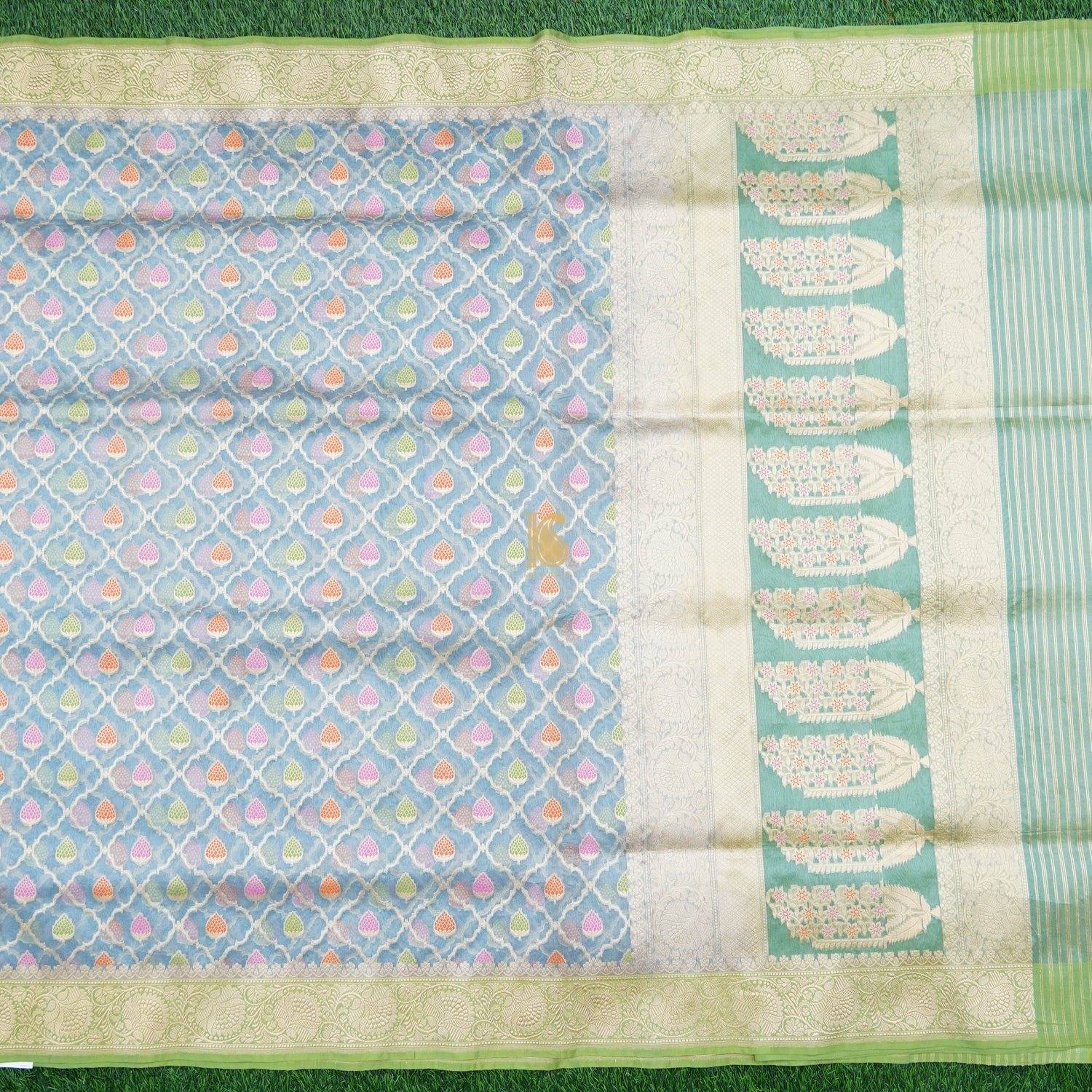 Baby Blue Pure Kora Handloom Banarasi Strawberry Saree - Khinkhwab