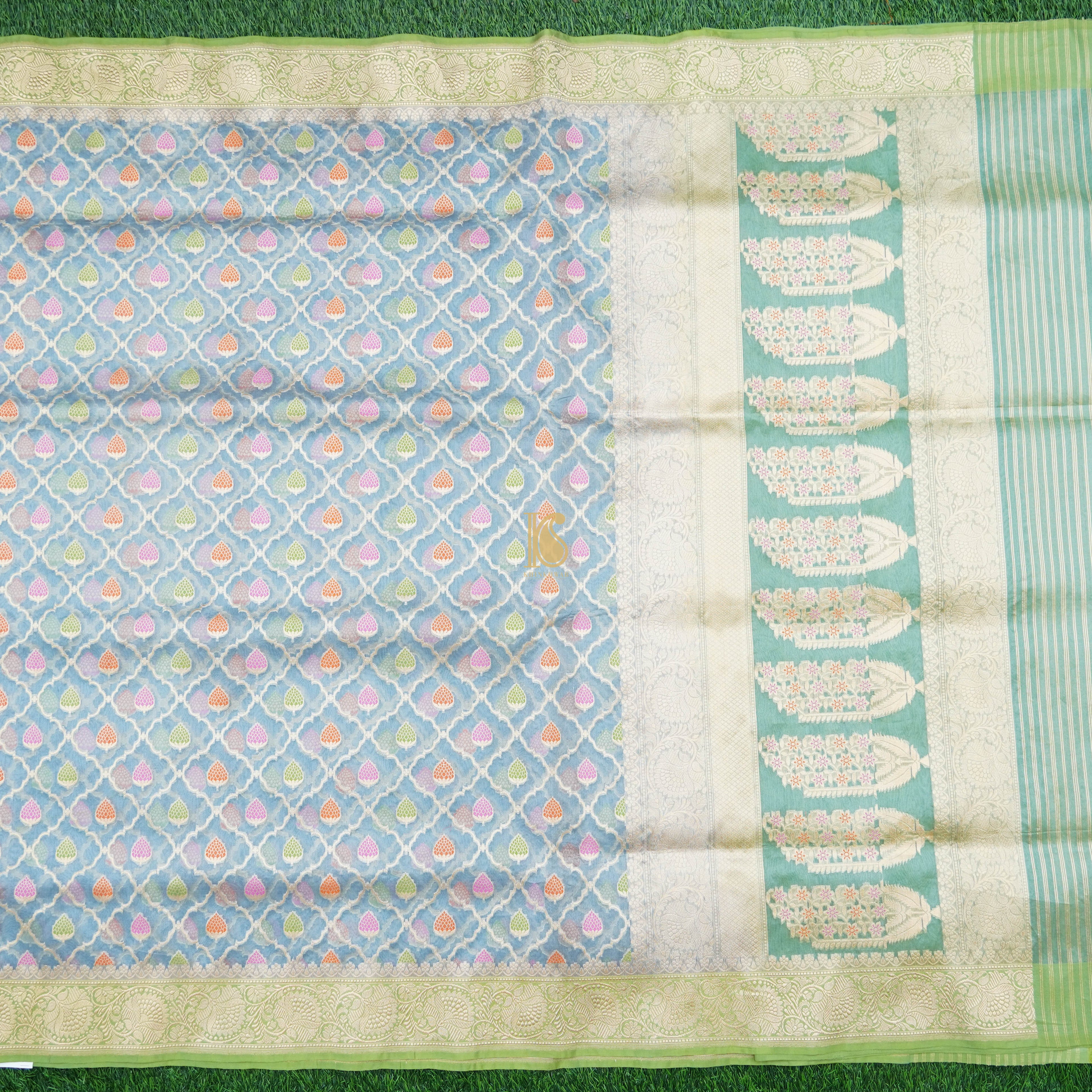 Baby Blue Pure Kora Handloom Banarasi Strawberry Saree - Khinkhwab