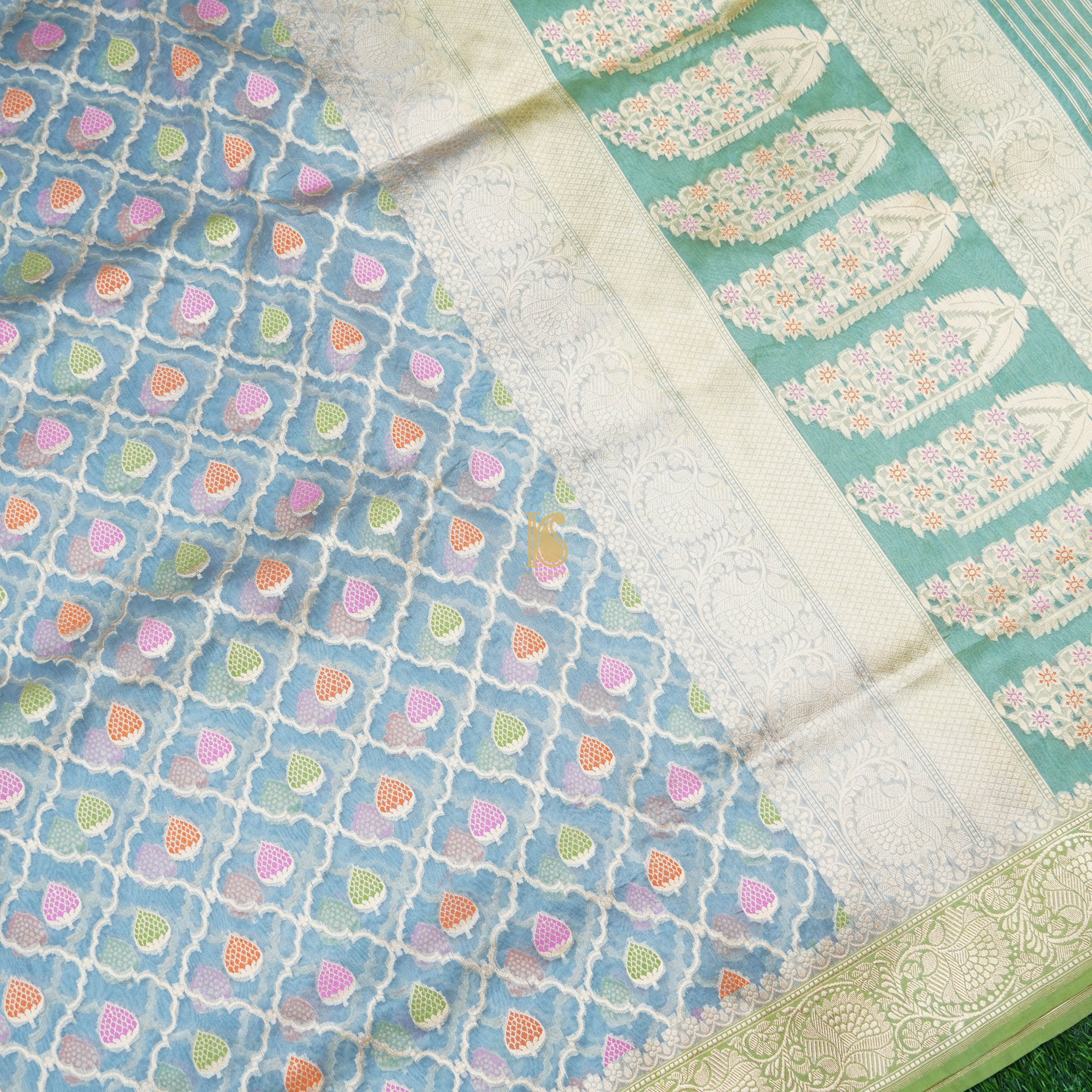 Baby Blue Pure Kora Handloom Banarasi Strawberry Saree - Khinkhwab