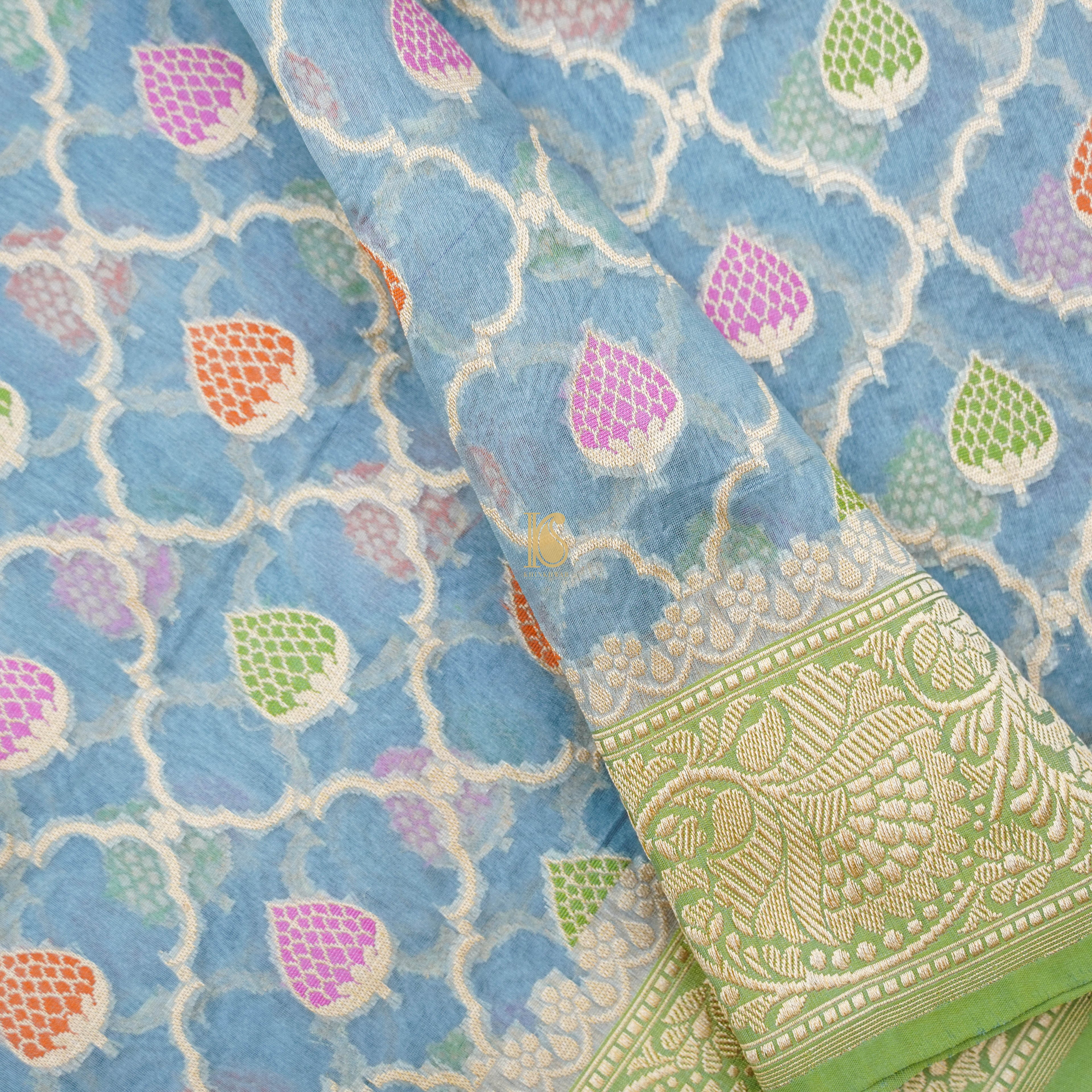 Baby Blue Pure Kora Handloom Banarasi Strawberry Saree - Khinkhwab