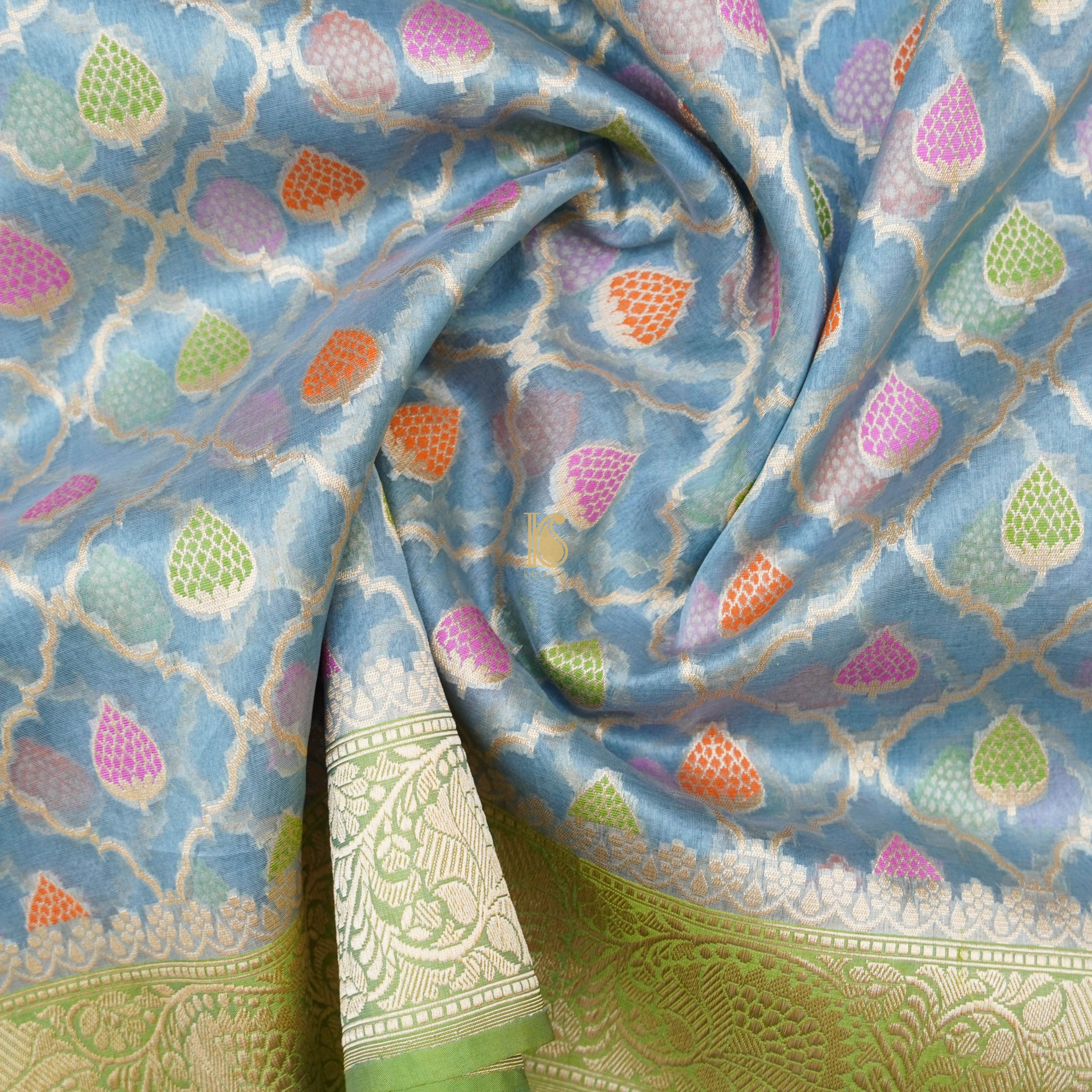Baby Blue Pure Kora Handloom Banarasi Strawberry Saree - Khinkhwab