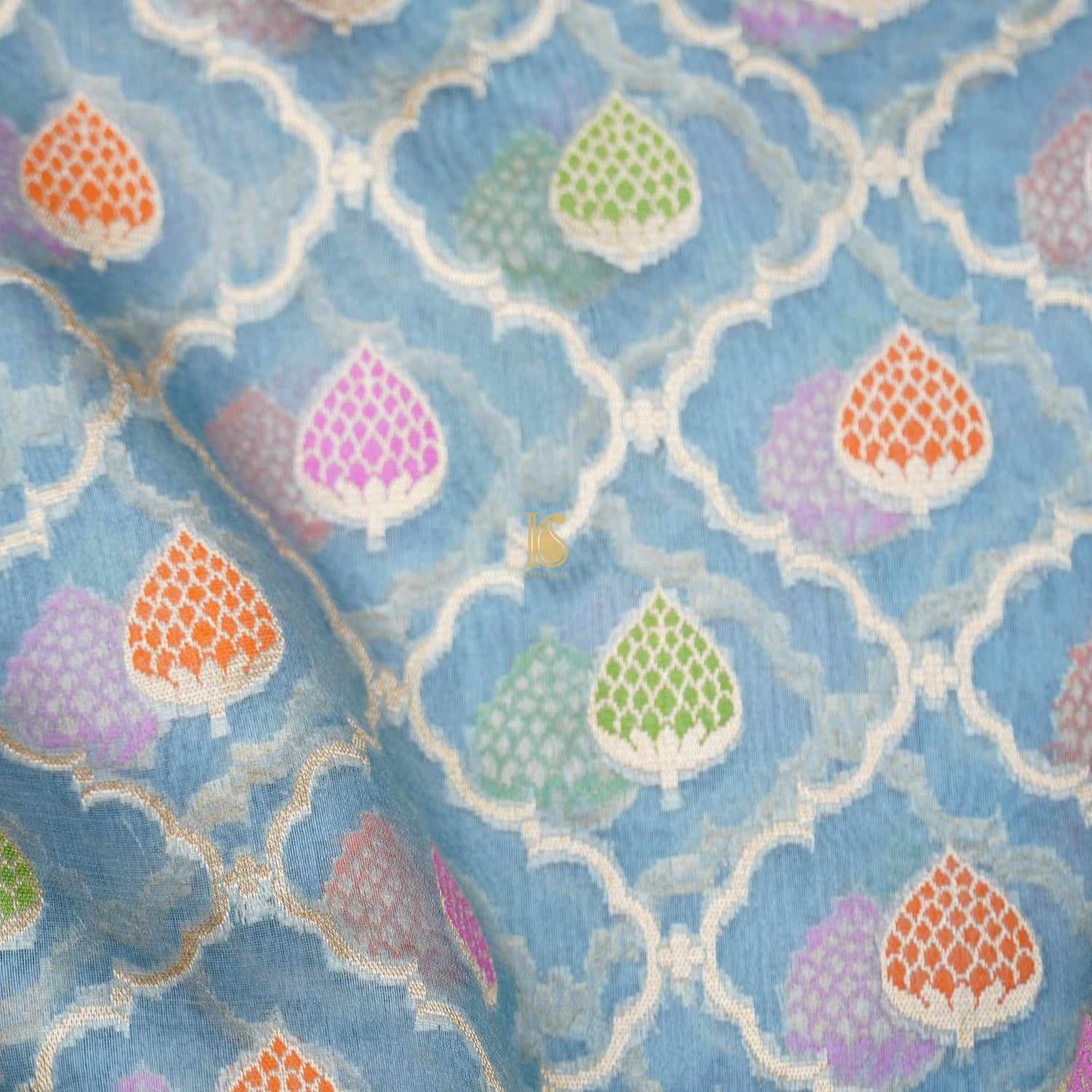 Baby Blue Pure Kora Handloom Banarasi Strawberry Saree - Khinkhwab