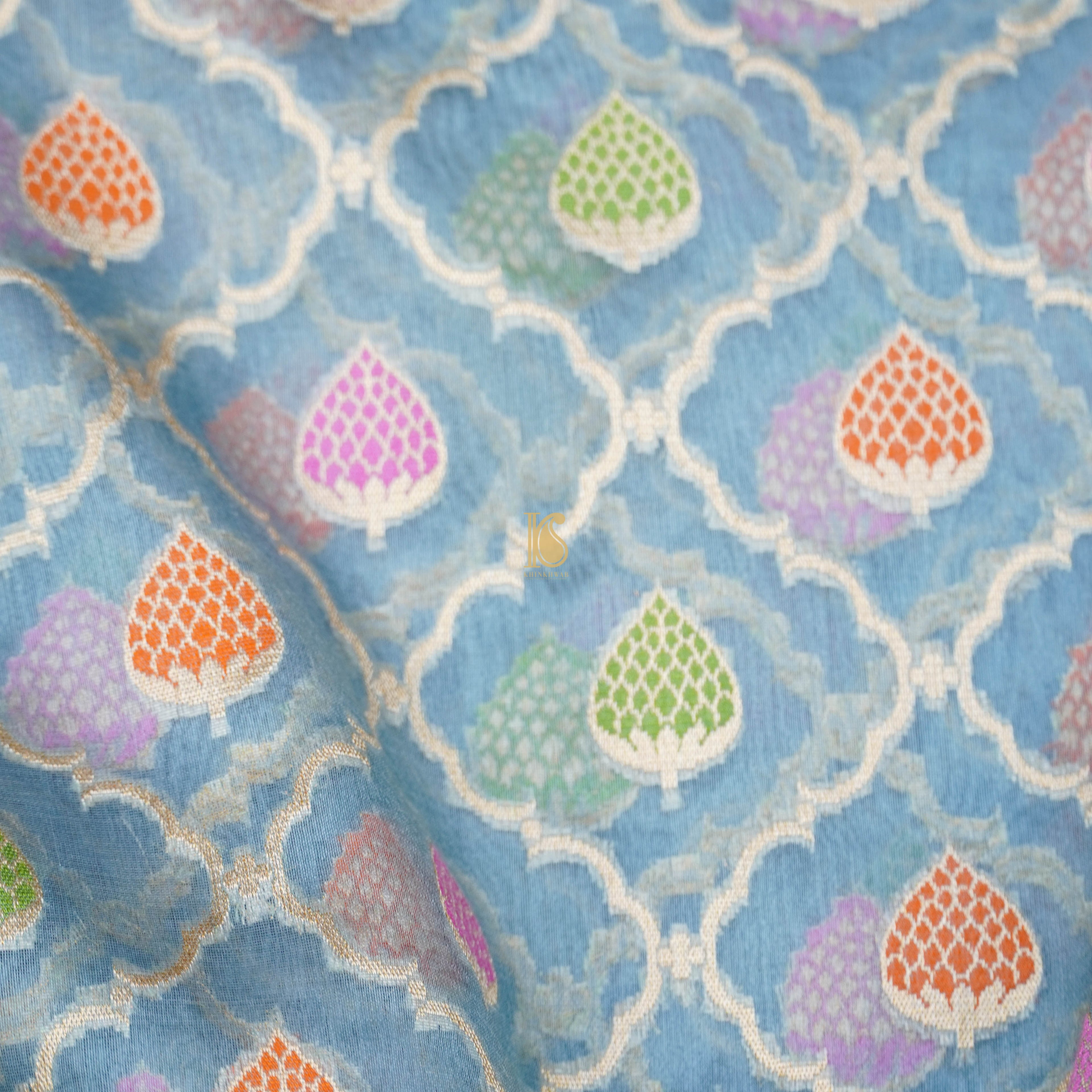 Baby Blue Pure Kora Handloom Banarasi Strawberry Saree - Khinkhwab