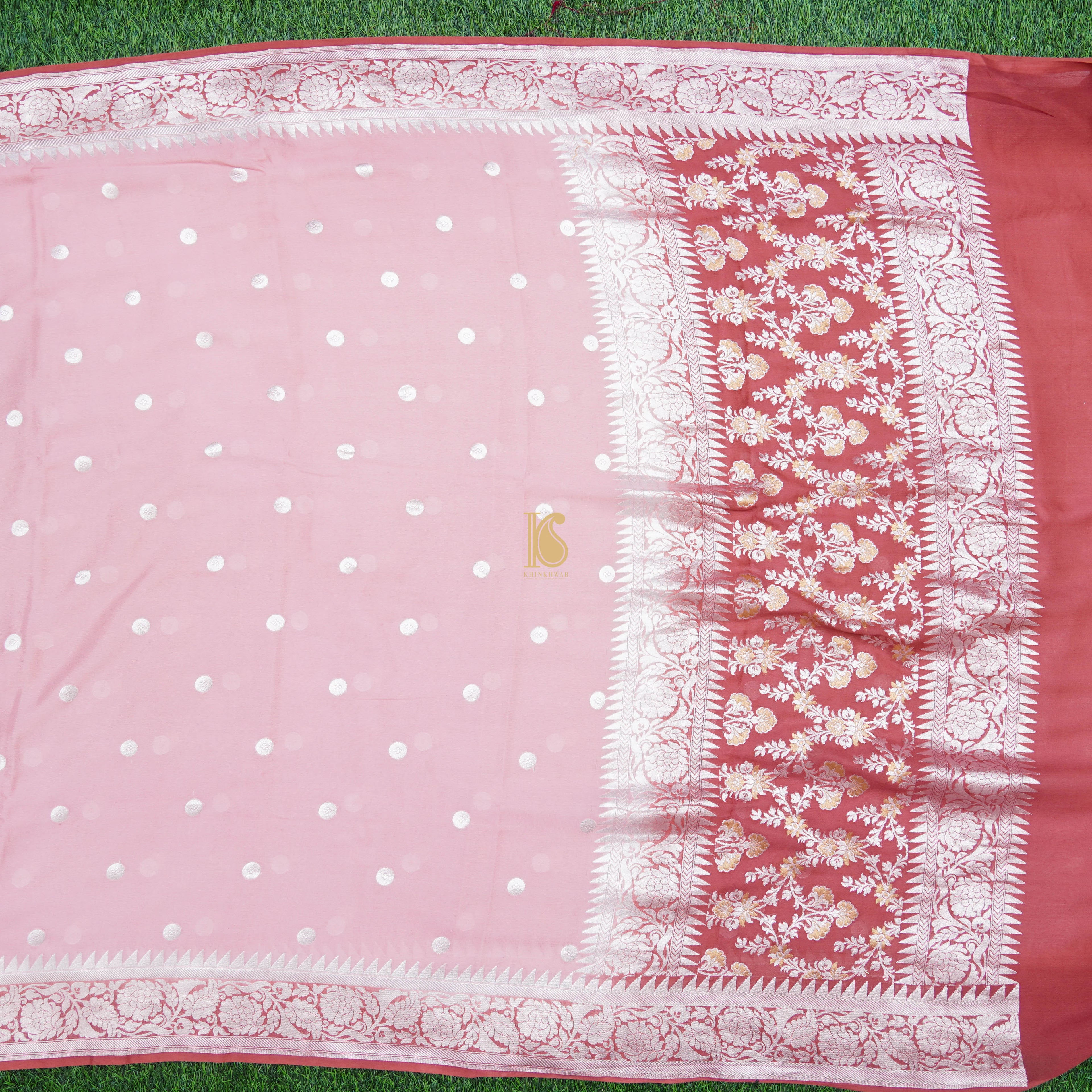 Pink Pure Georgette Handloom Banarasi Ashrafi Boota Saree - Khinkhwab