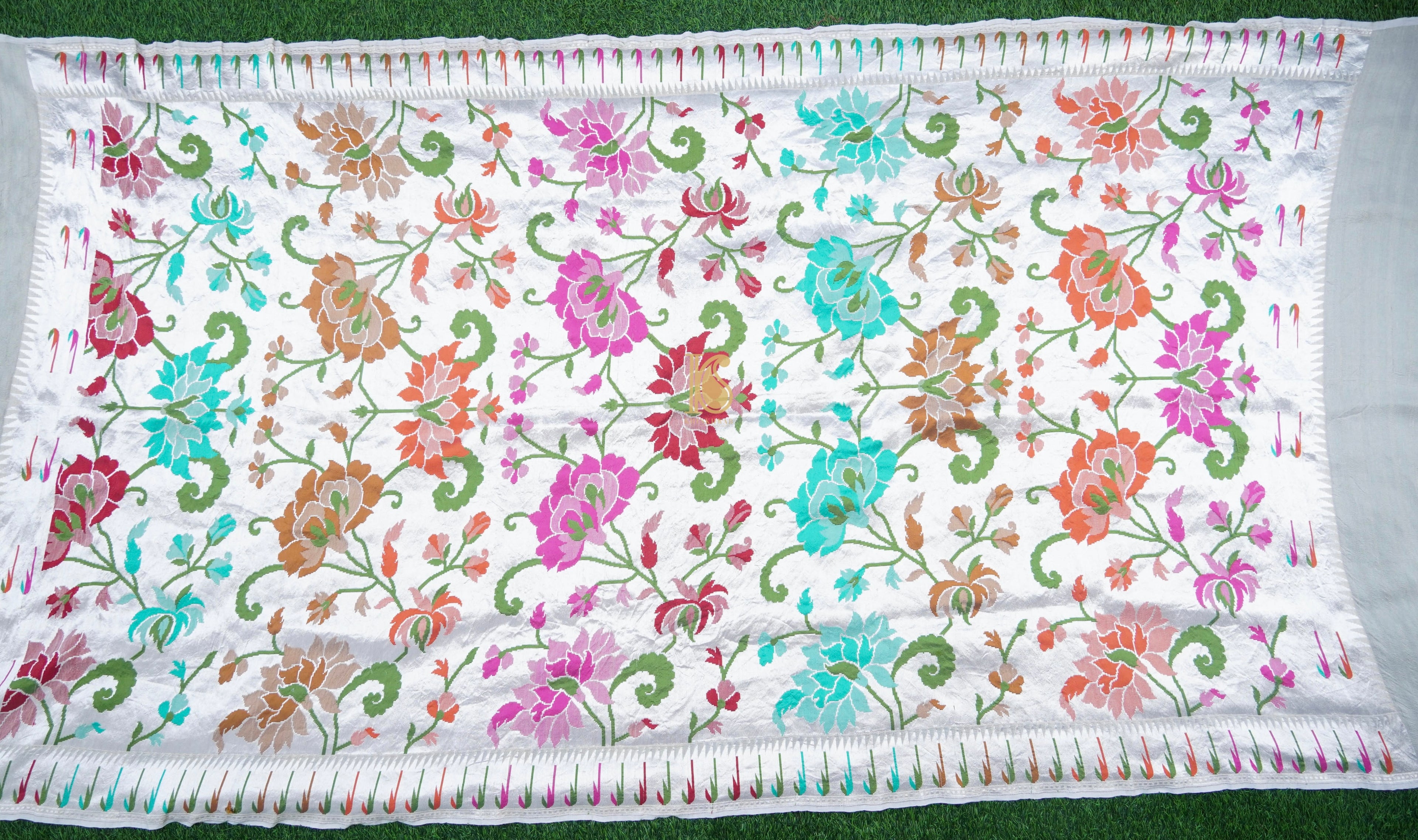 Beige Pure Tussar Silk Silver Zari Banarasi Zari Muniya Border Dupatta - Khinkhwab