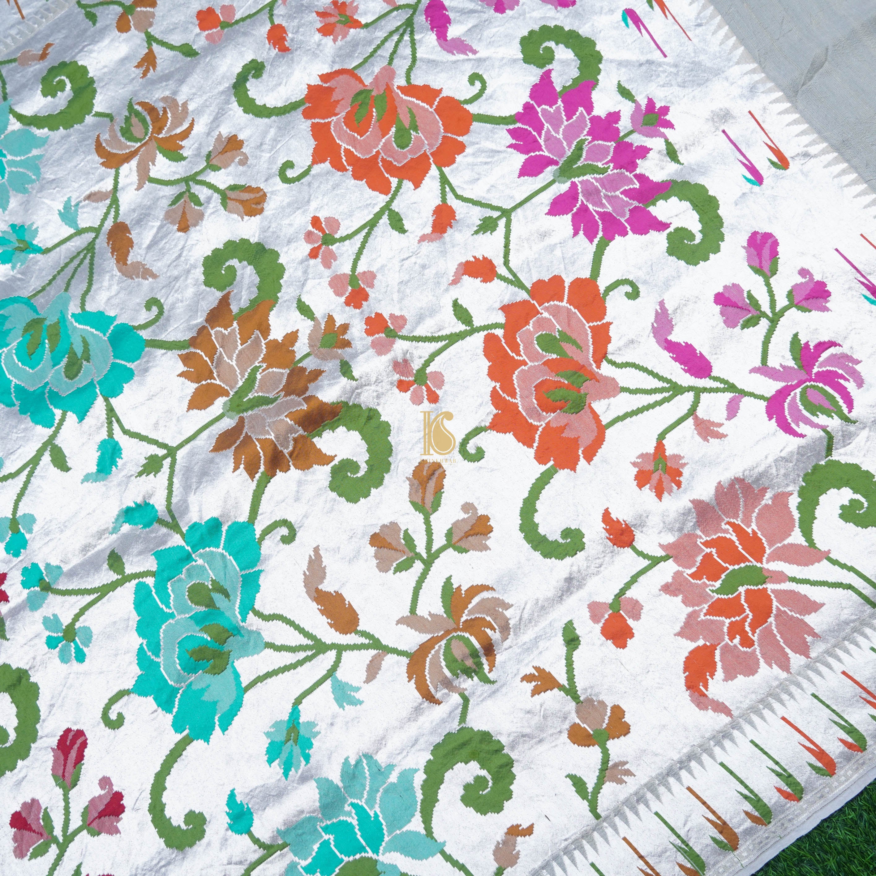 Beige Pure Tussar Silk Silver Zari Banarasi Zari Muniya Border Dupatta - Khinkhwab