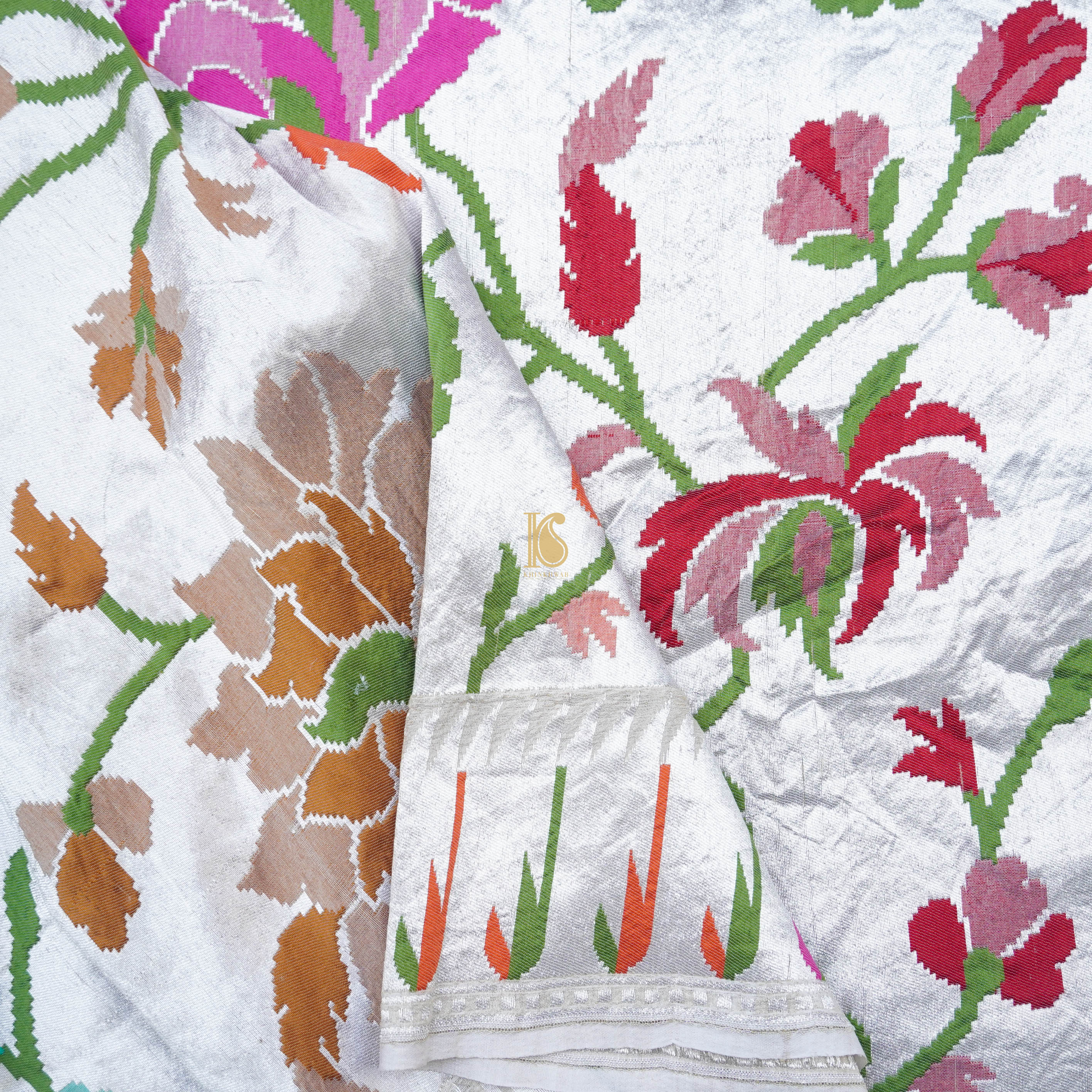 Beige Pure Tussar Silk Silver Zari Banarasi Zari Muniya Border Dupatta - Khinkhwab