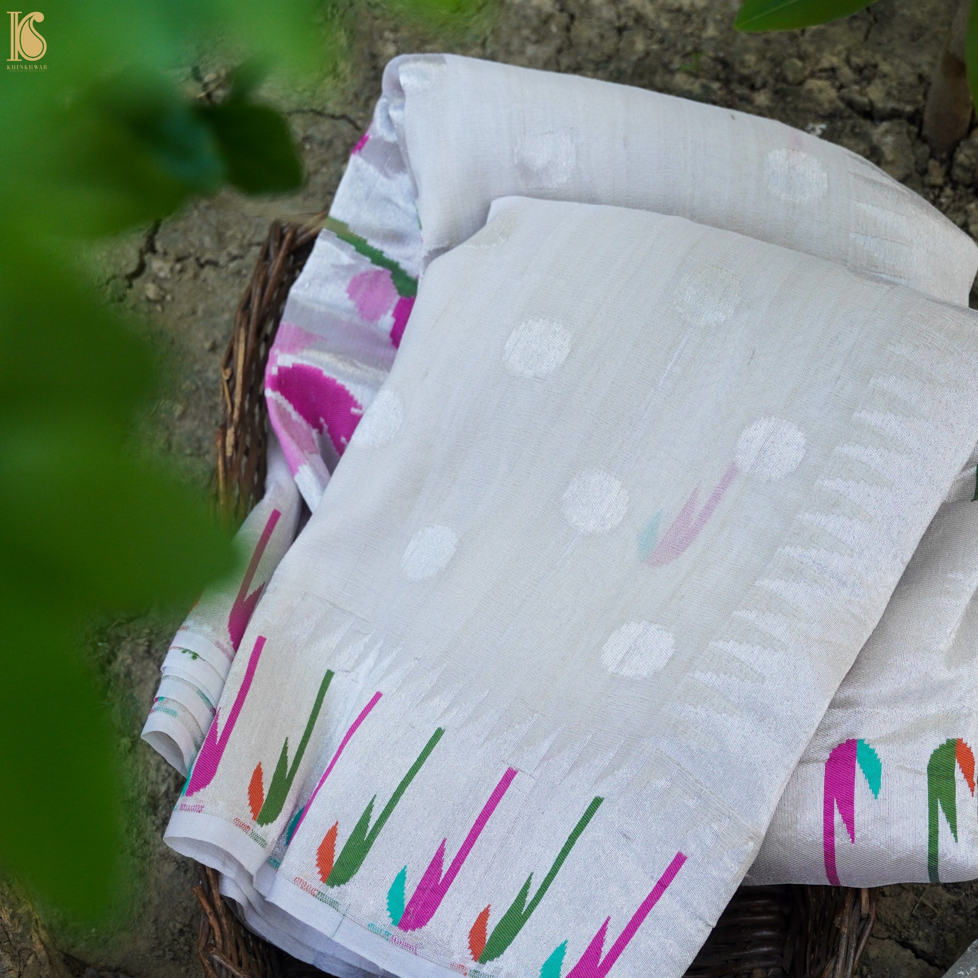 Handwoven - Tussar Silver Zari Muniya Border Banarasi Saree - Khinkhwab