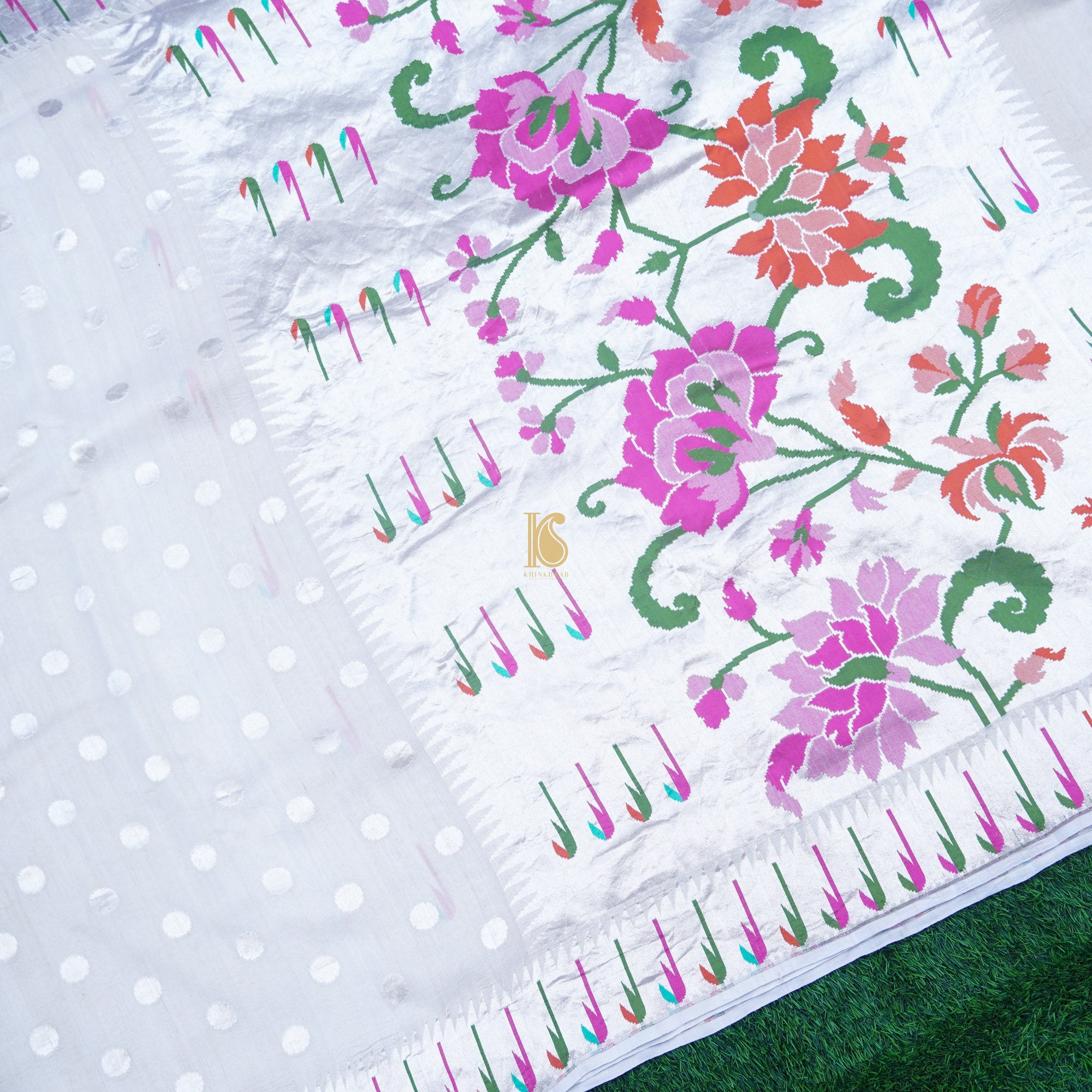 Handwoven - Tussar Silver Zari Muniya Border Banarasi Saree - Khinkhwab