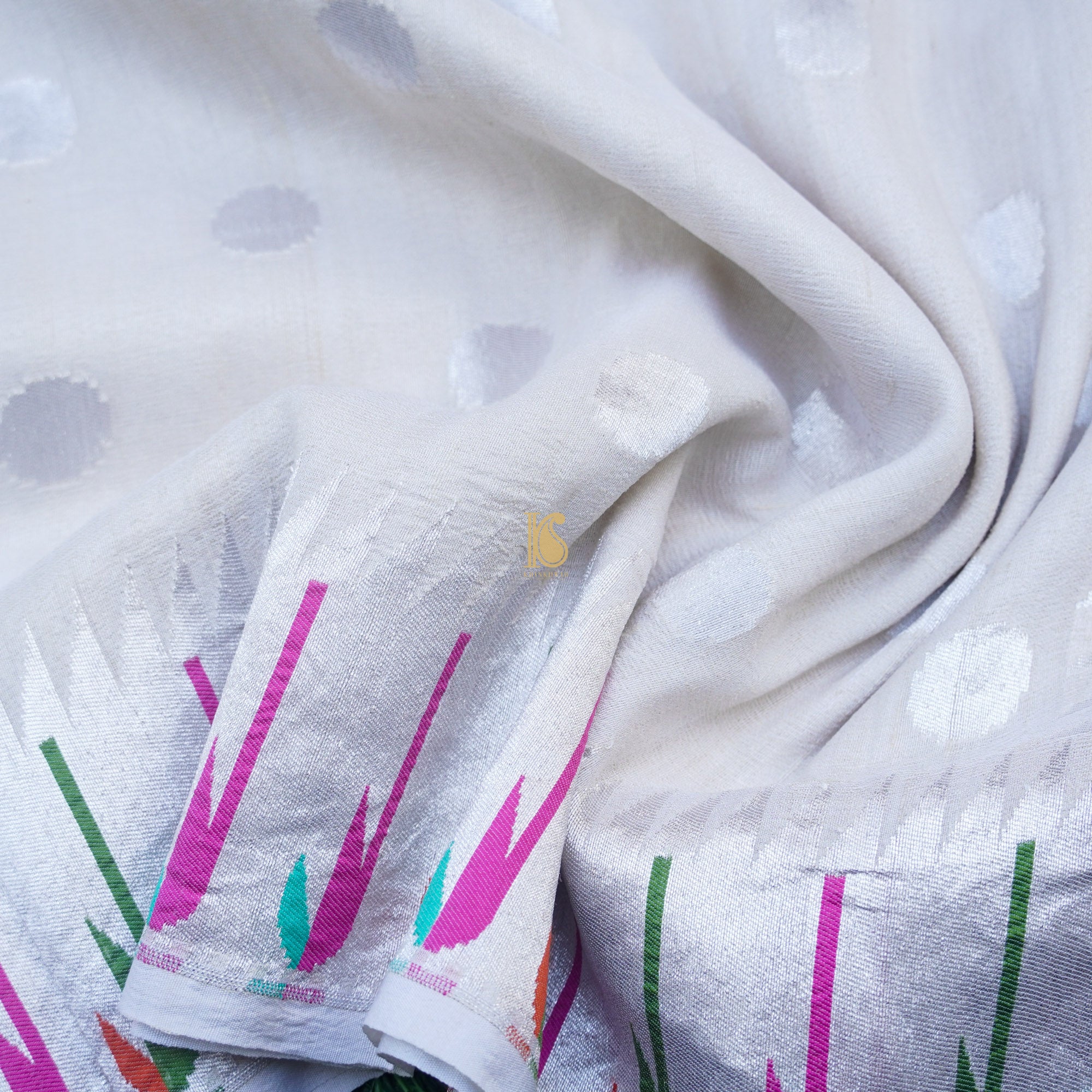 Handwoven - Tussar Silver Zari Muniya Border Banarasi Saree - Khinkhwab