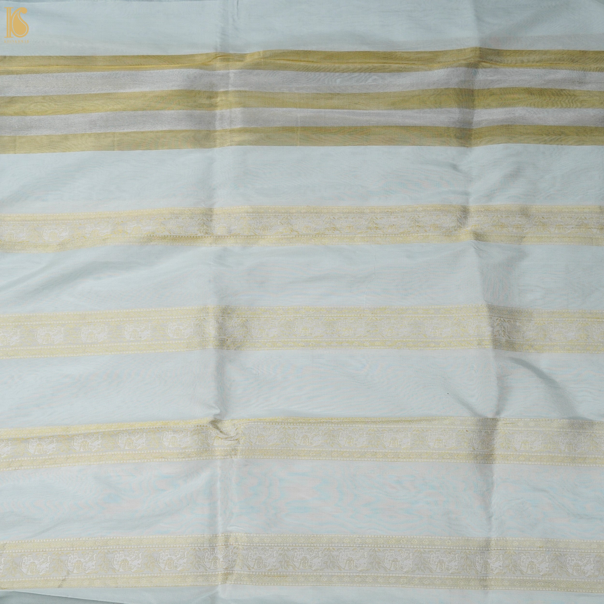 White Pure Katan Silk Banarasi Shikargah Stripes Fabric - Khinkhwab