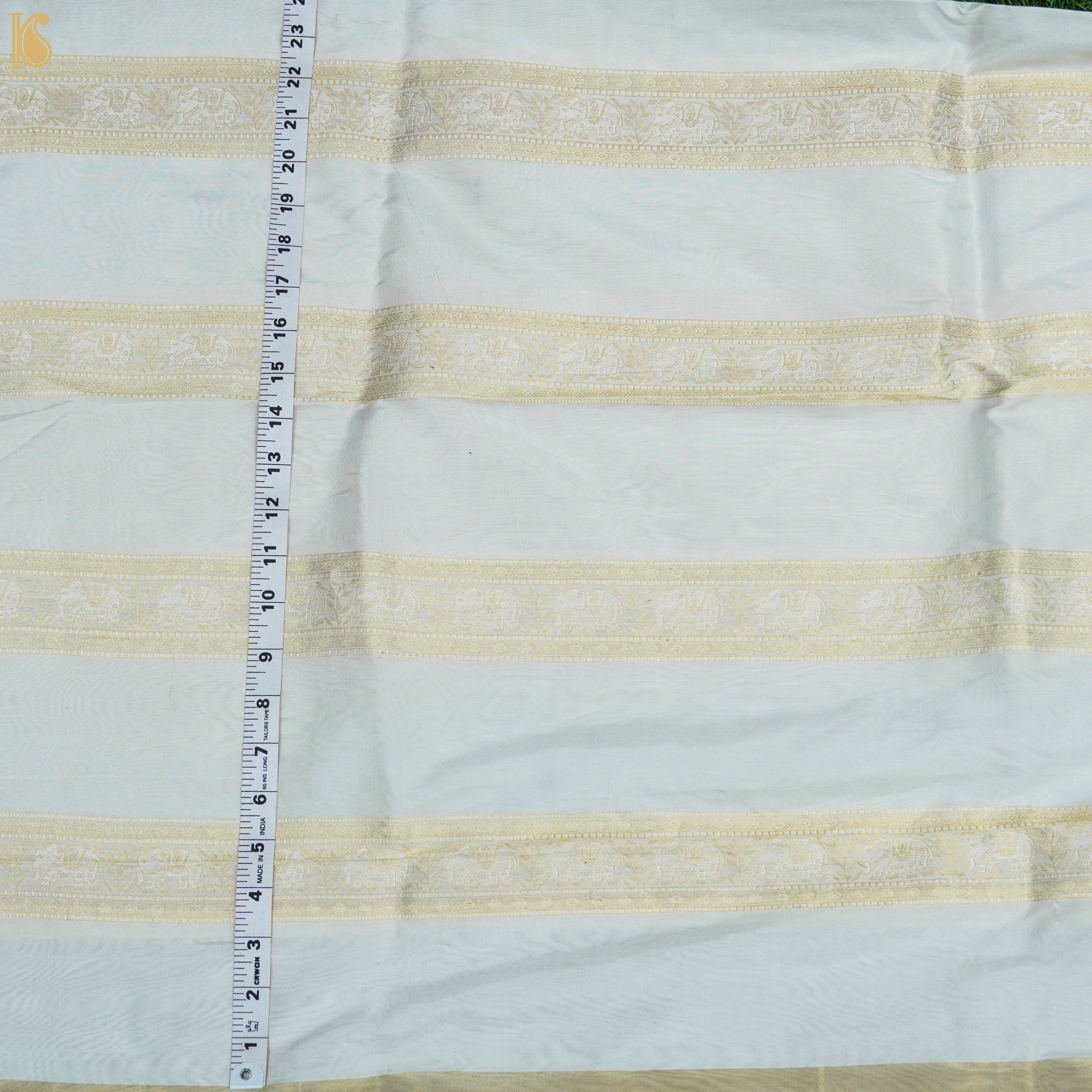 White Pure Katan Silk Banarasi Shikargah Stripes Fabric - Khinkhwab