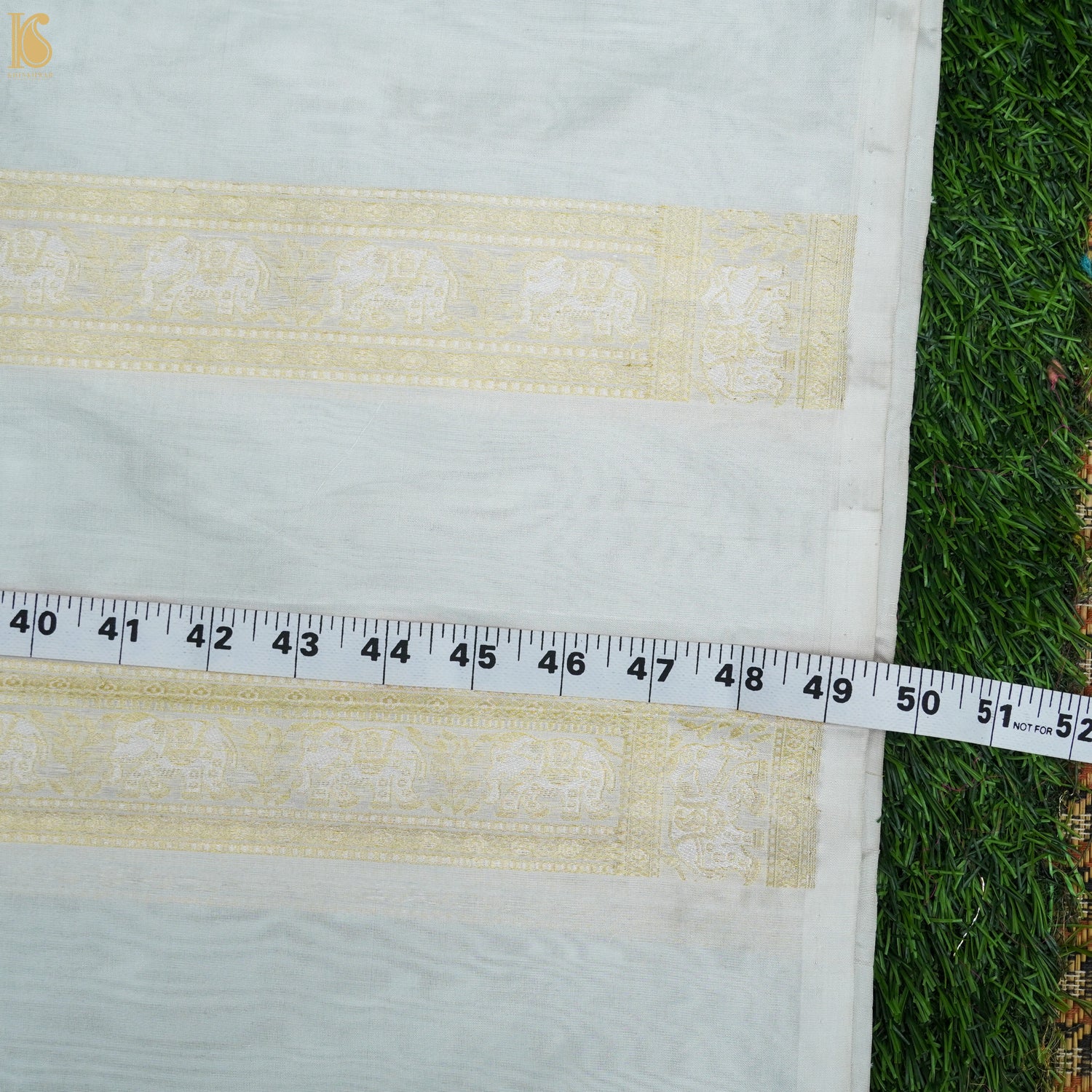 White Pure Katan Silk Banarasi Shikargah Stripes Fabric - Khinkhwab