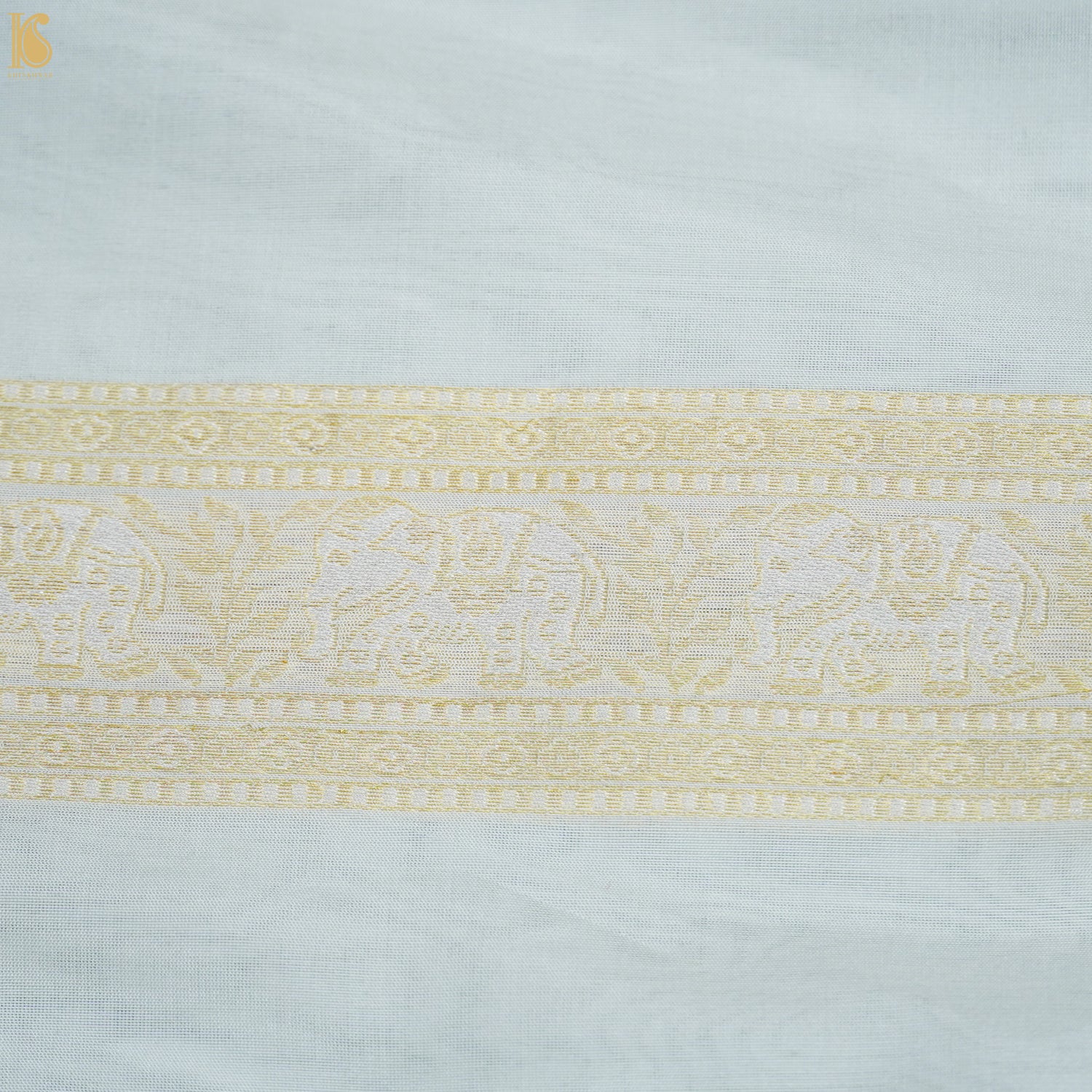 White Pure Katan Silk Banarasi Shikargah Stripes Fabric - Khinkhwab